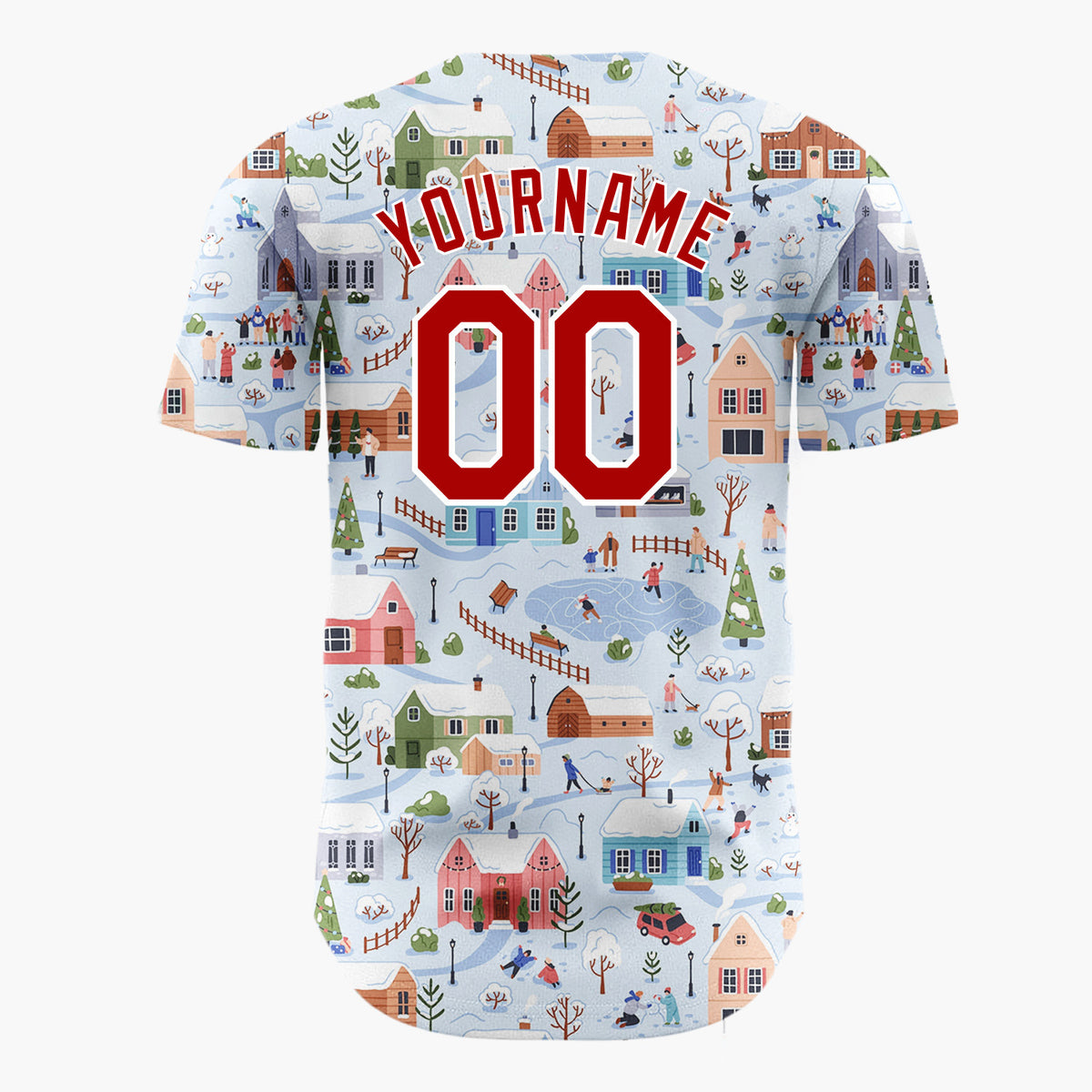 Custom Light Blue Winter Village Scenery Detailed Christmas Baseball Jersey