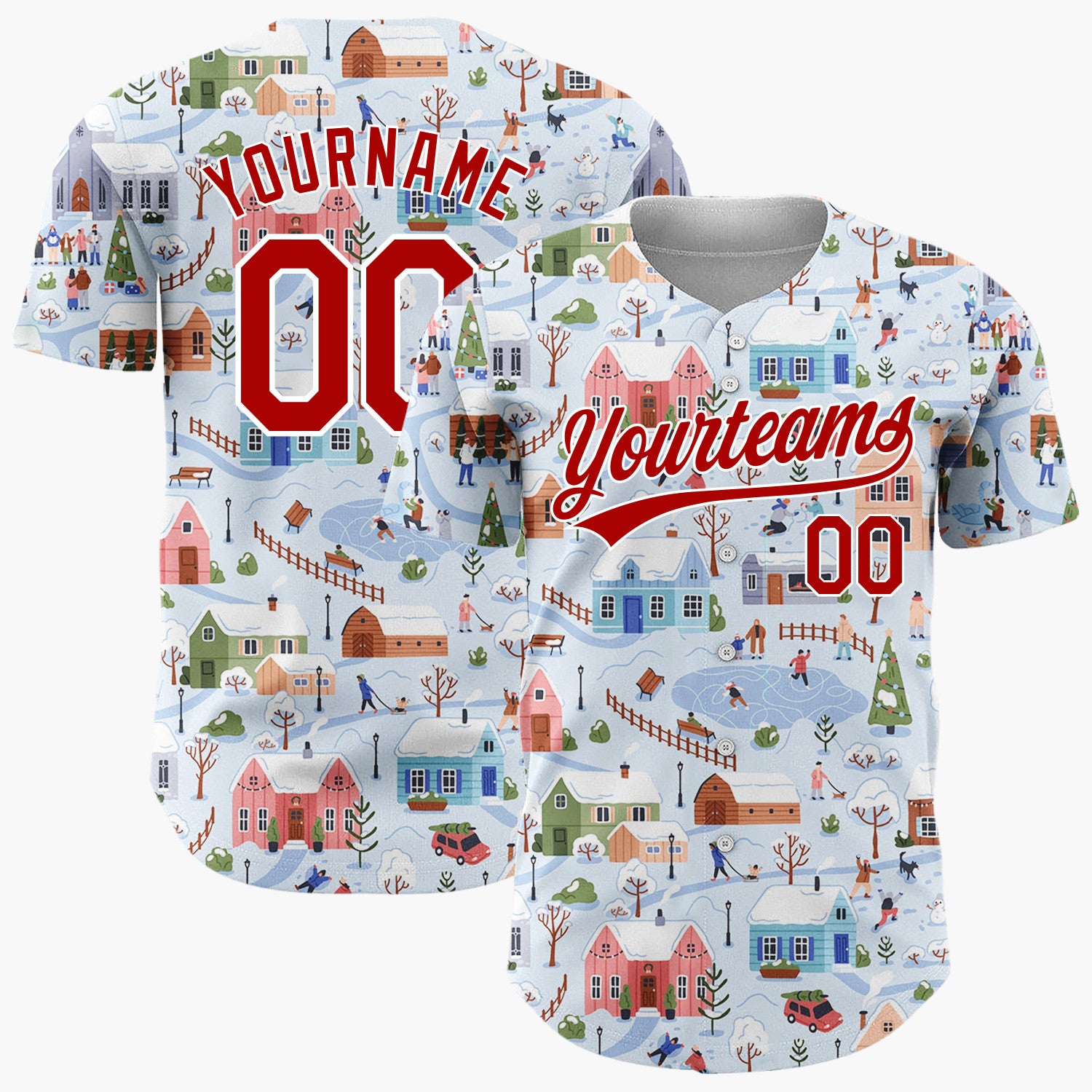 Custom Light Blue Winter Village Scenery Detailed Christmas Baseball Jersey