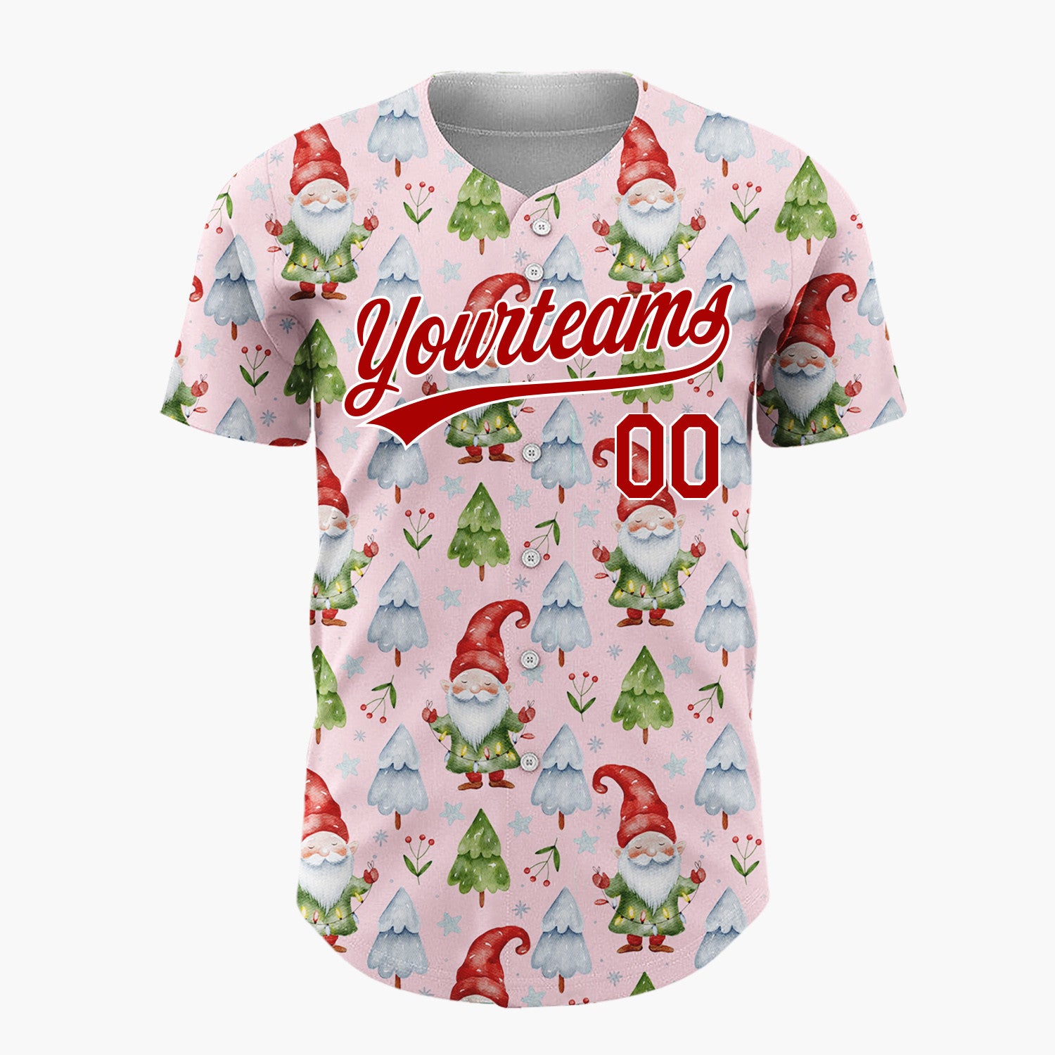 Custom Light Pink Gnomes And Christmas Trees Watercolor Christmas Baseball Jersey