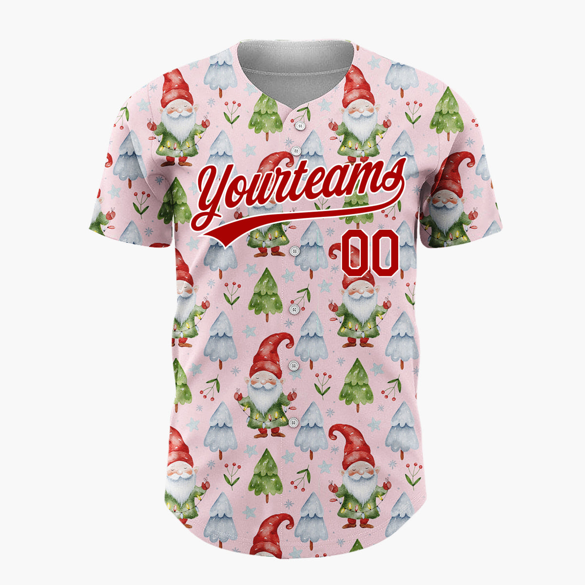 Custom Light Pink Gnomes And Christmas Trees Watercolor Christmas Baseball Jersey