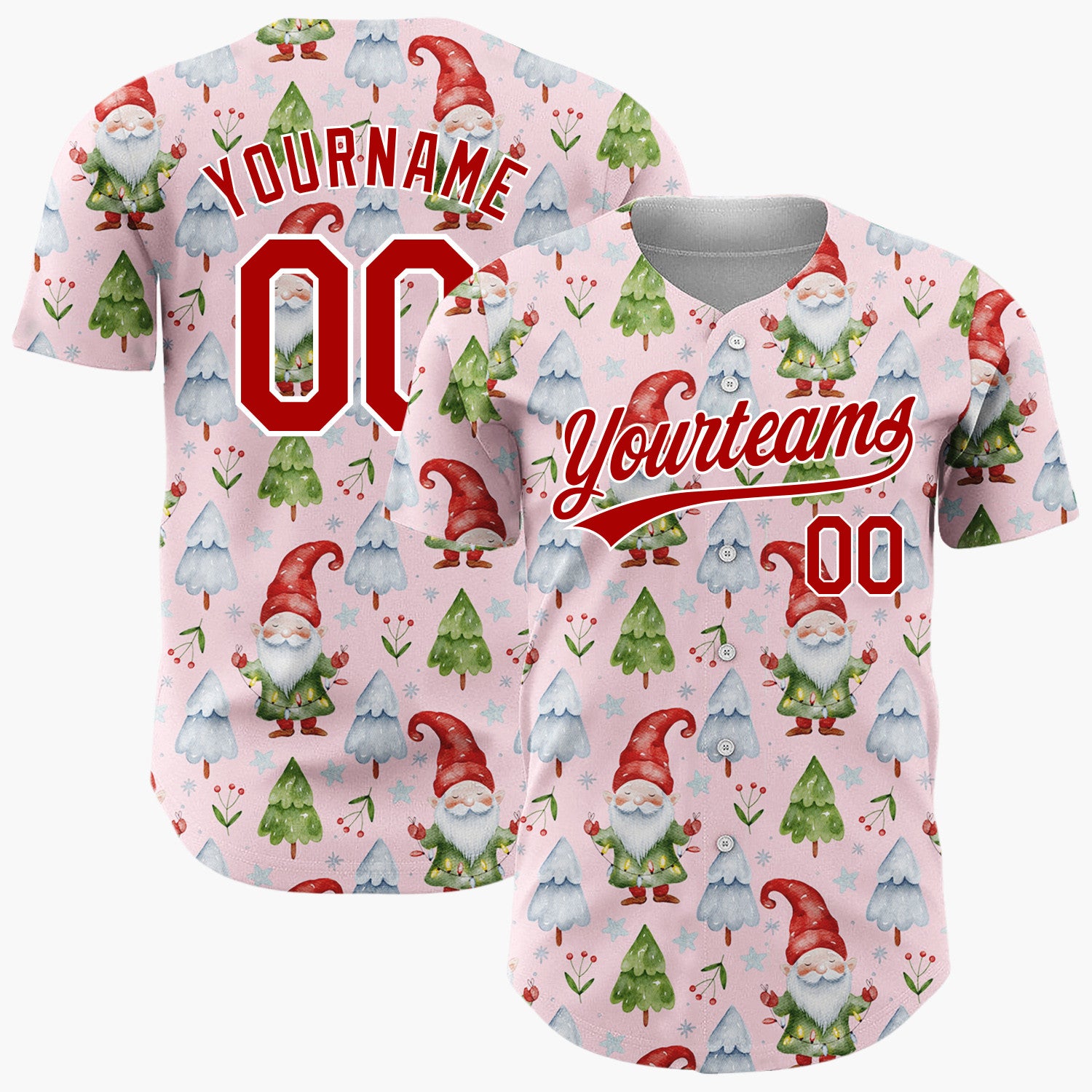 Custom Light Pink Gnomes And Christmas Trees Watercolor Christmas Baseball Jersey