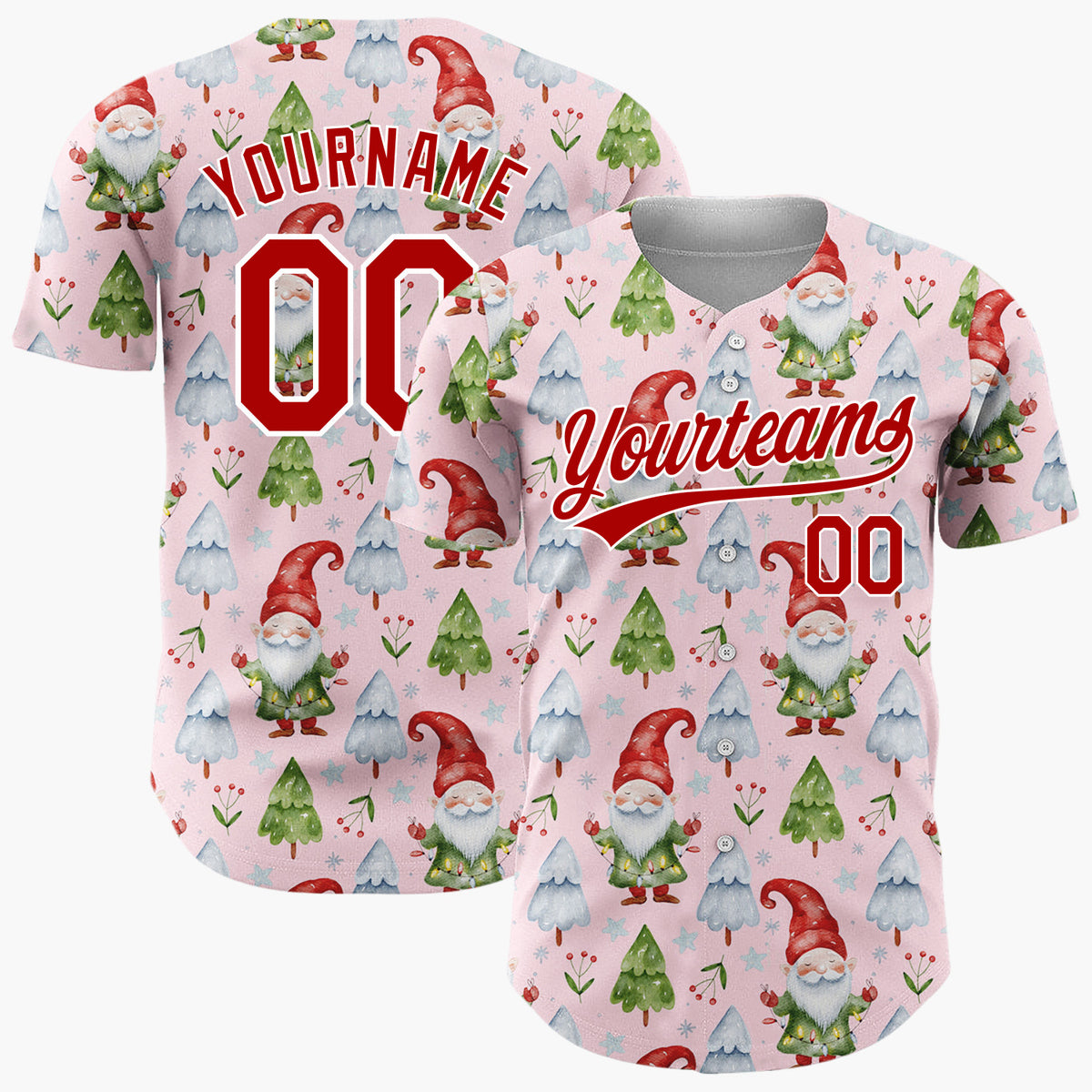Custom Light Pink Gnomes And Christmas Trees Watercolor Christmas Baseball Jersey
