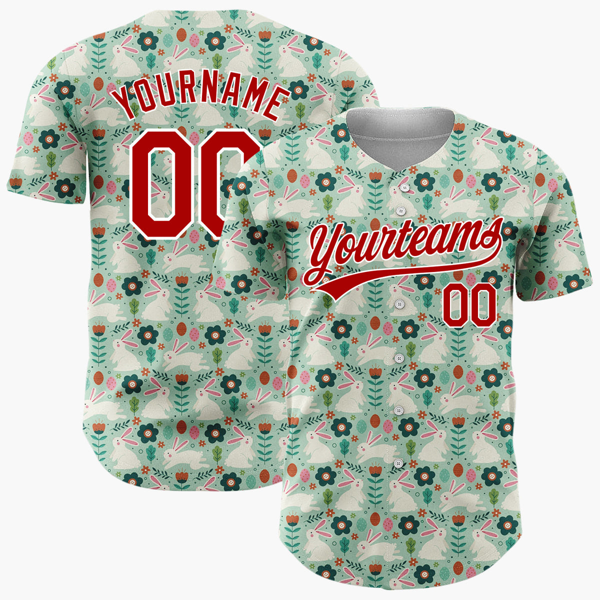 Custom Mint Green Rabbits Flowers And Leaves Folk Easter Pattern Christmas Baseball Jersey