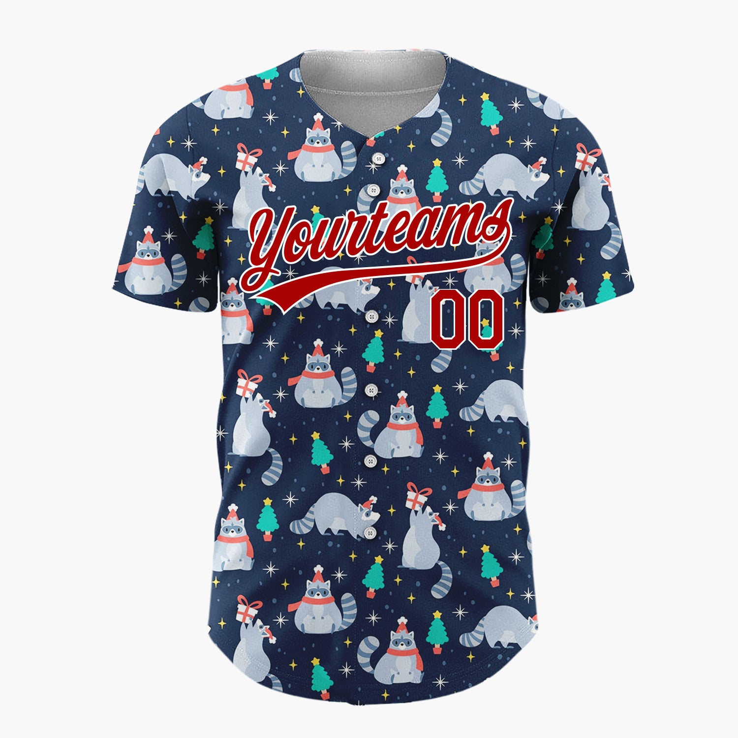 Custom Navy Blue Raccoons Trees And Gifts Cute Christmas Baseball Jersey
