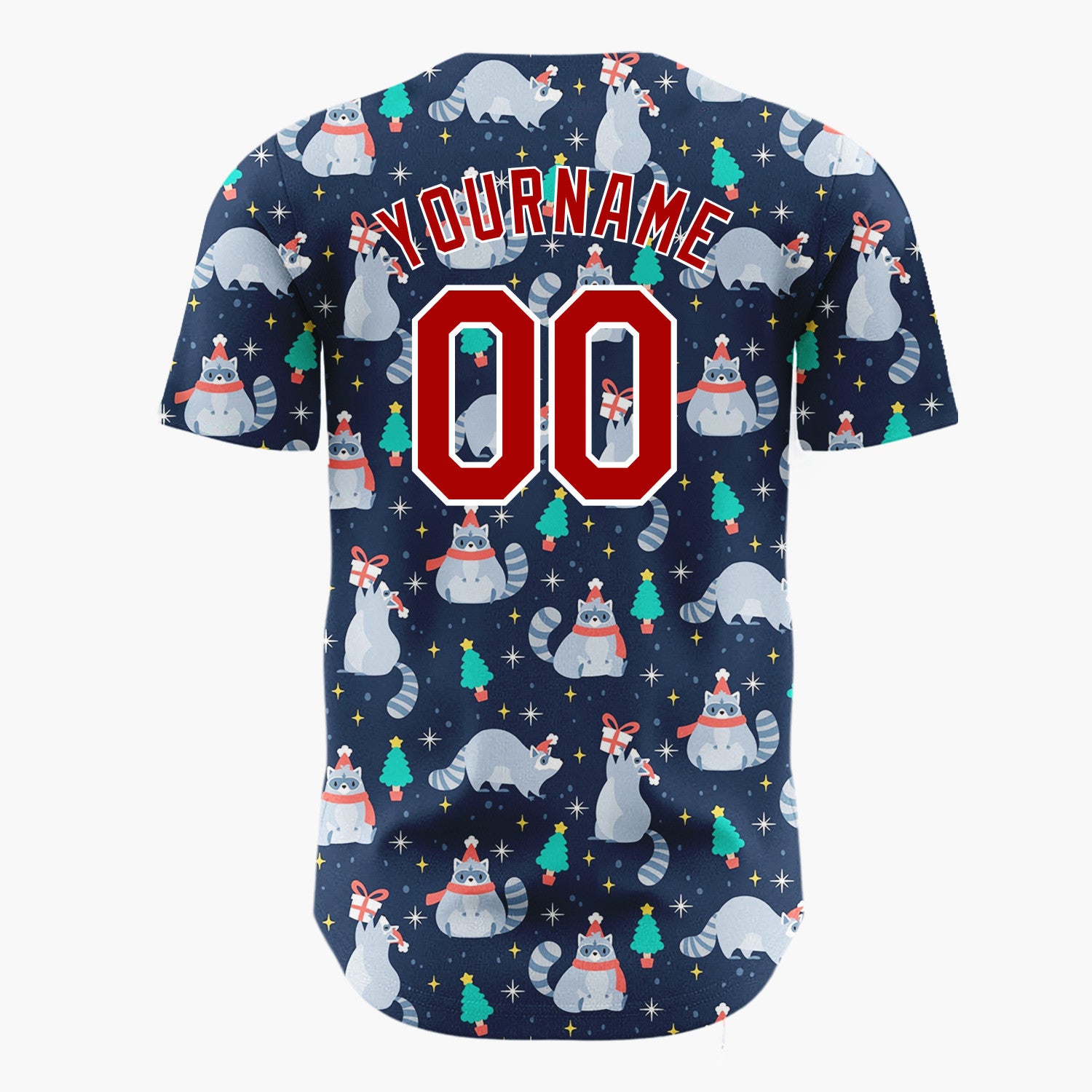 Custom Navy Blue Raccoons Trees And Gifts Cute Christmas Baseball Jersey
