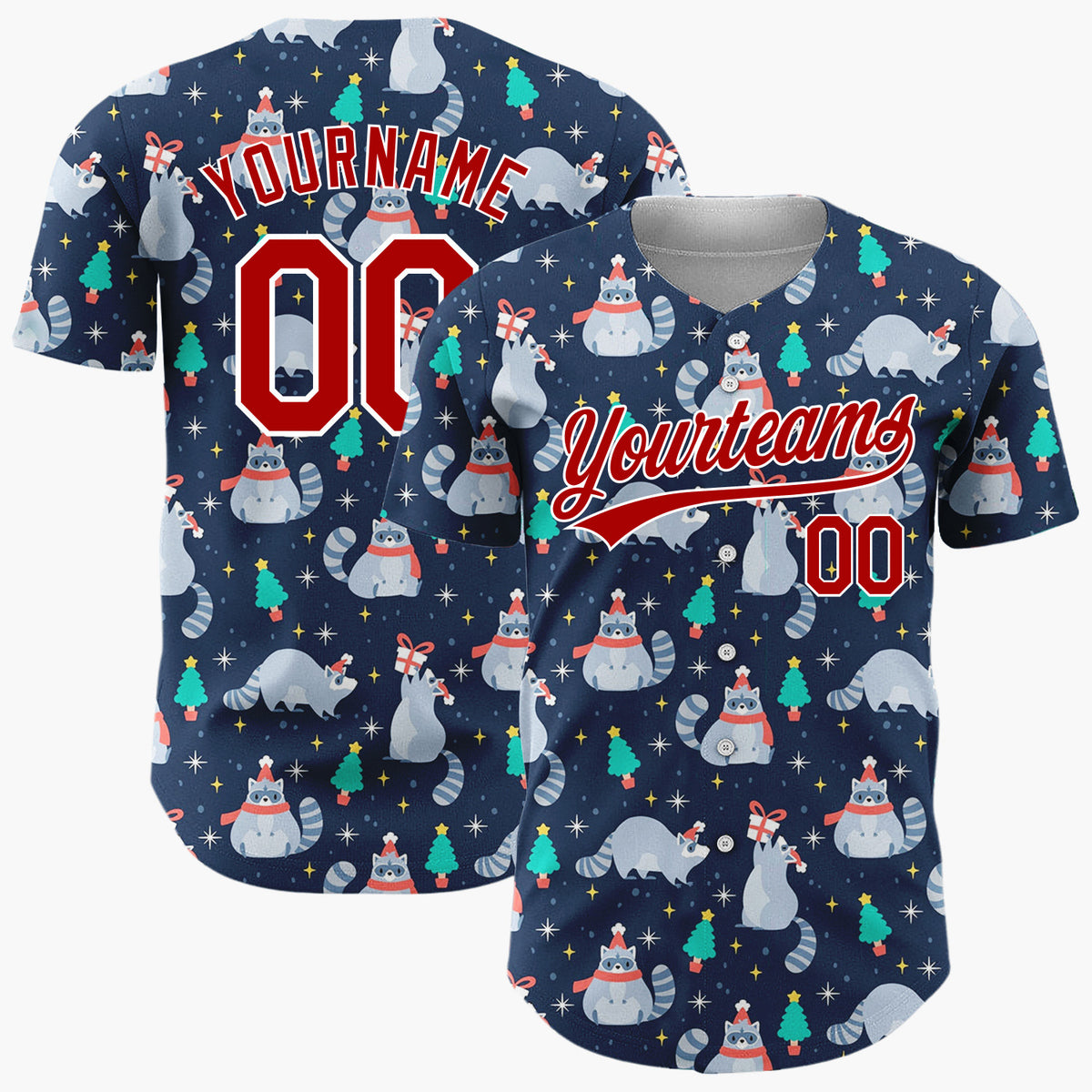 Custom Navy Blue Raccoons Trees And Gifts Cute Christmas Baseball Jersey