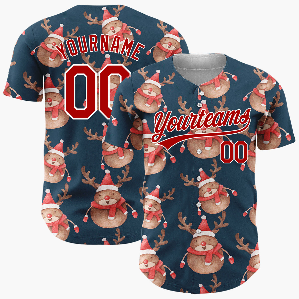 Custom Navy Cute Reindeer Festive Watercolor Pattern Christmas Baseball Jersey