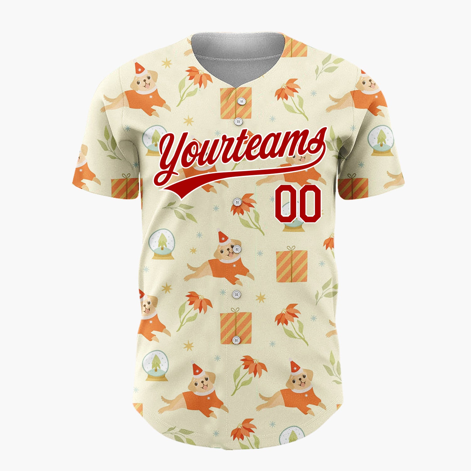 Custom Light Yellow Puppy Poinsettia Snow Globe Pattern Christmas Baseball Jersey