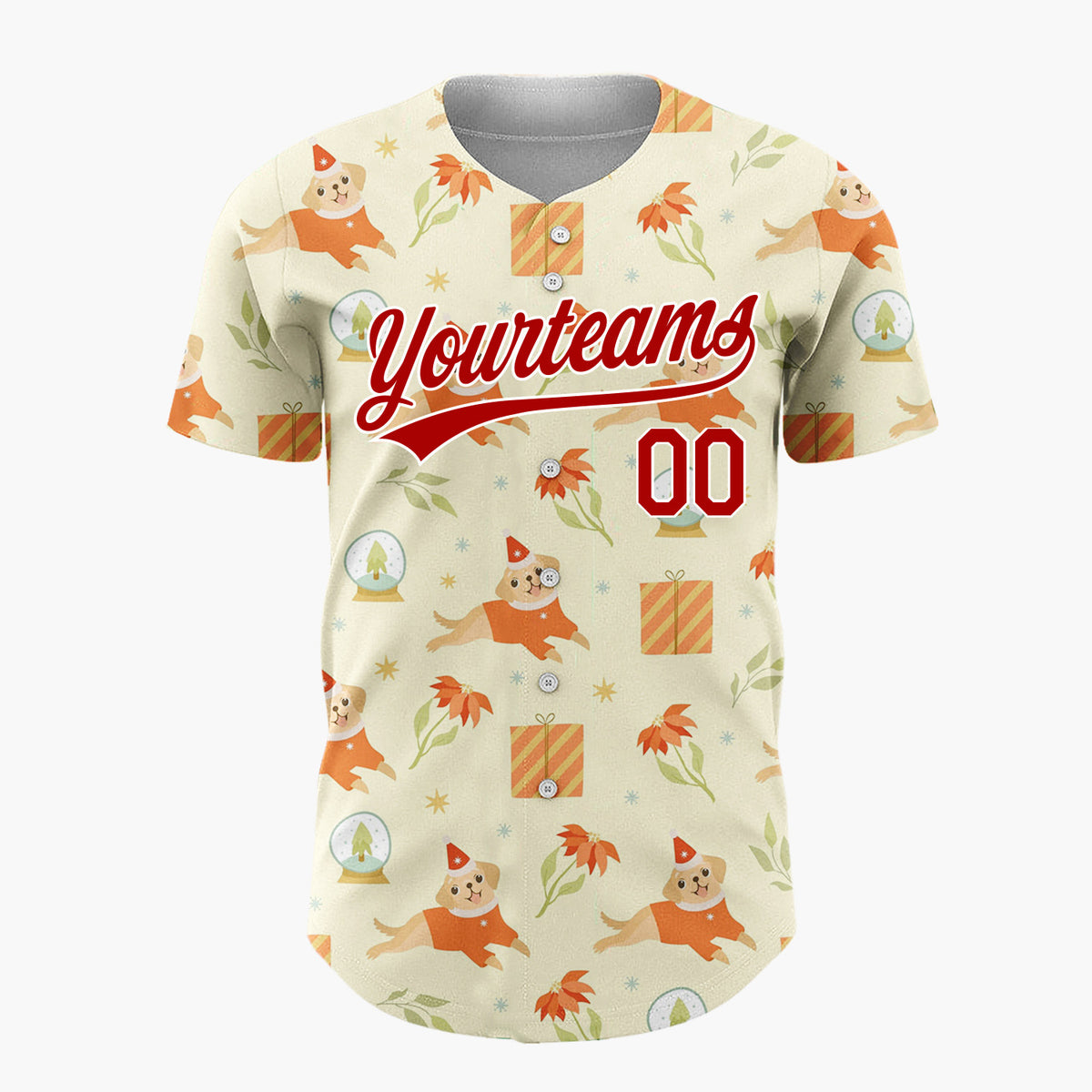 Custom Light Yellow Puppy Poinsettia Snow Globe Pattern Christmas Baseball Jersey