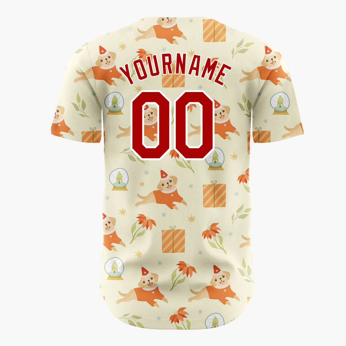 Custom Light Yellow Puppy Poinsettia Snow Globe Pattern Christmas Baseball Jersey