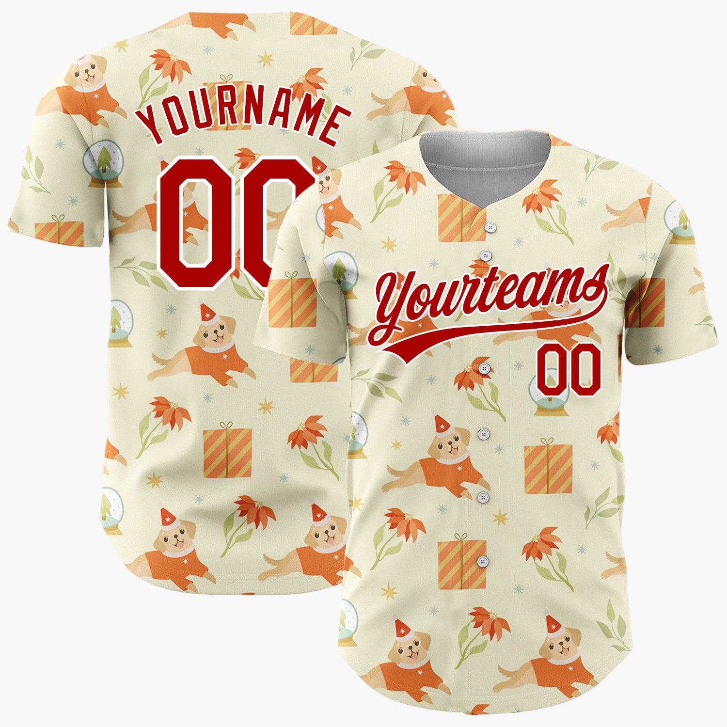 Custom Light Yellow Puppy Poinsettia Snow Globe Pattern Christmas Baseball Jersey