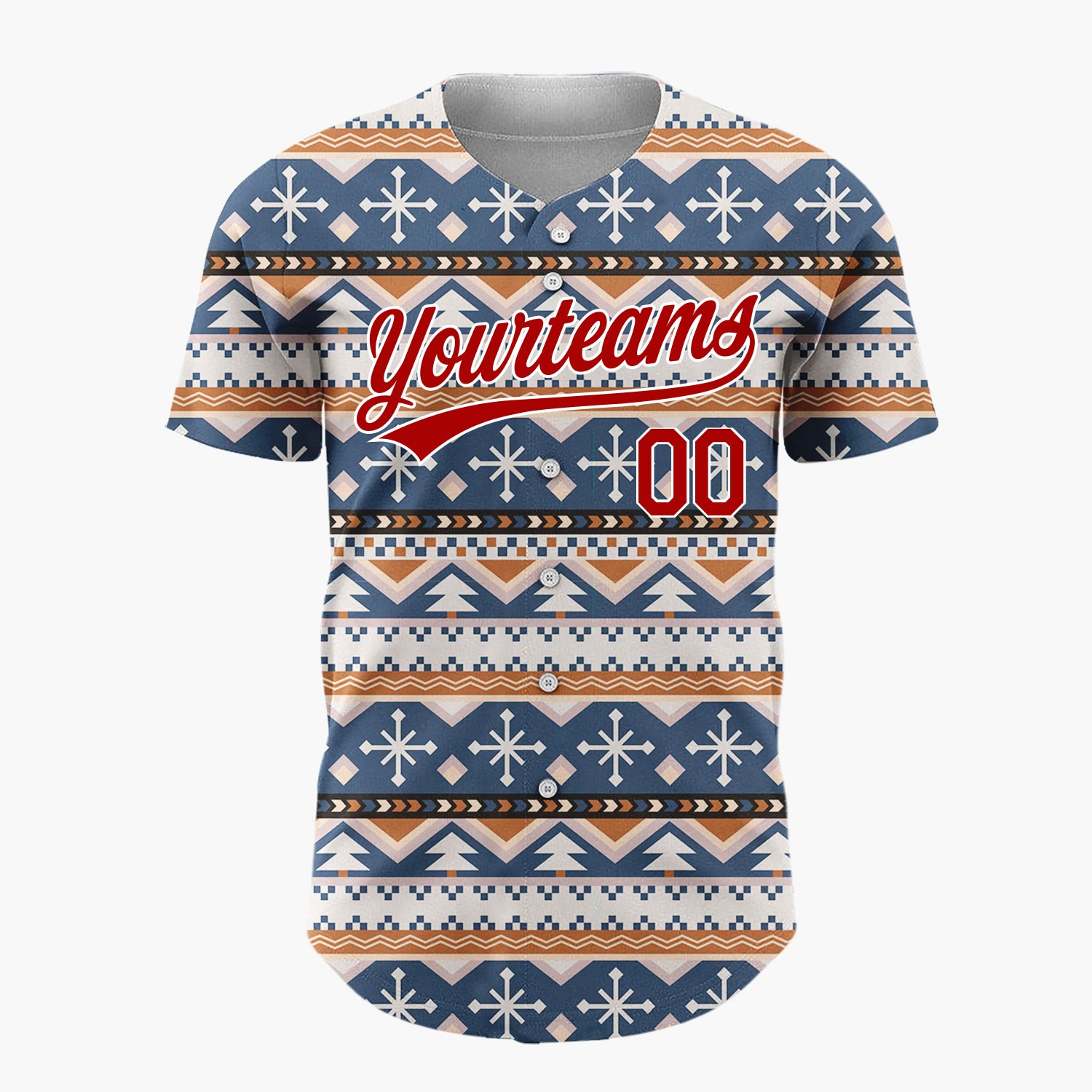 Custom Navy Beige Trees And Snowflakes Tribal Winter Geometric Pattern Christmas Baseball Jersey