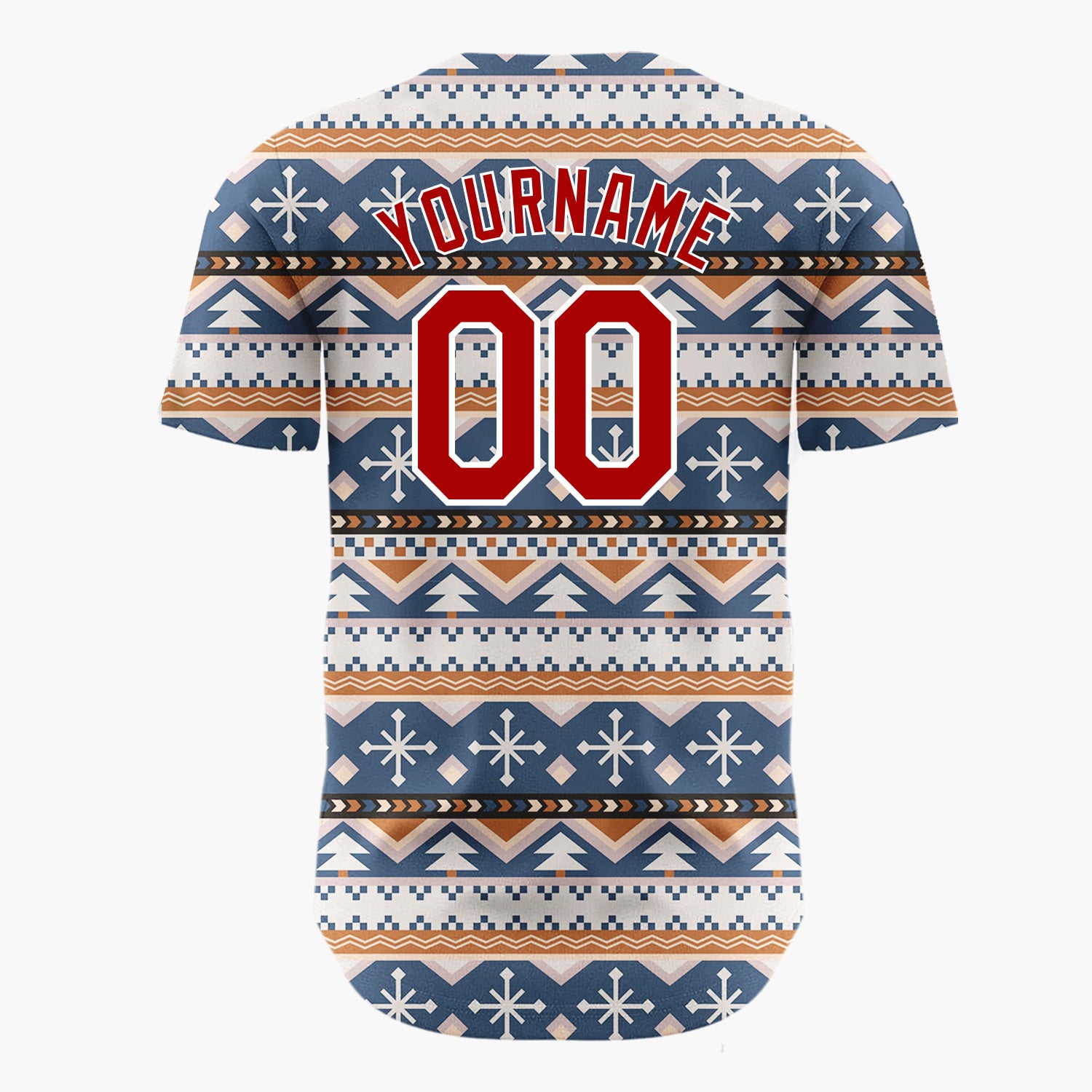 Custom Navy Beige Trees And Snowflakes Tribal Winter Geometric Pattern Christmas Baseball Jersey