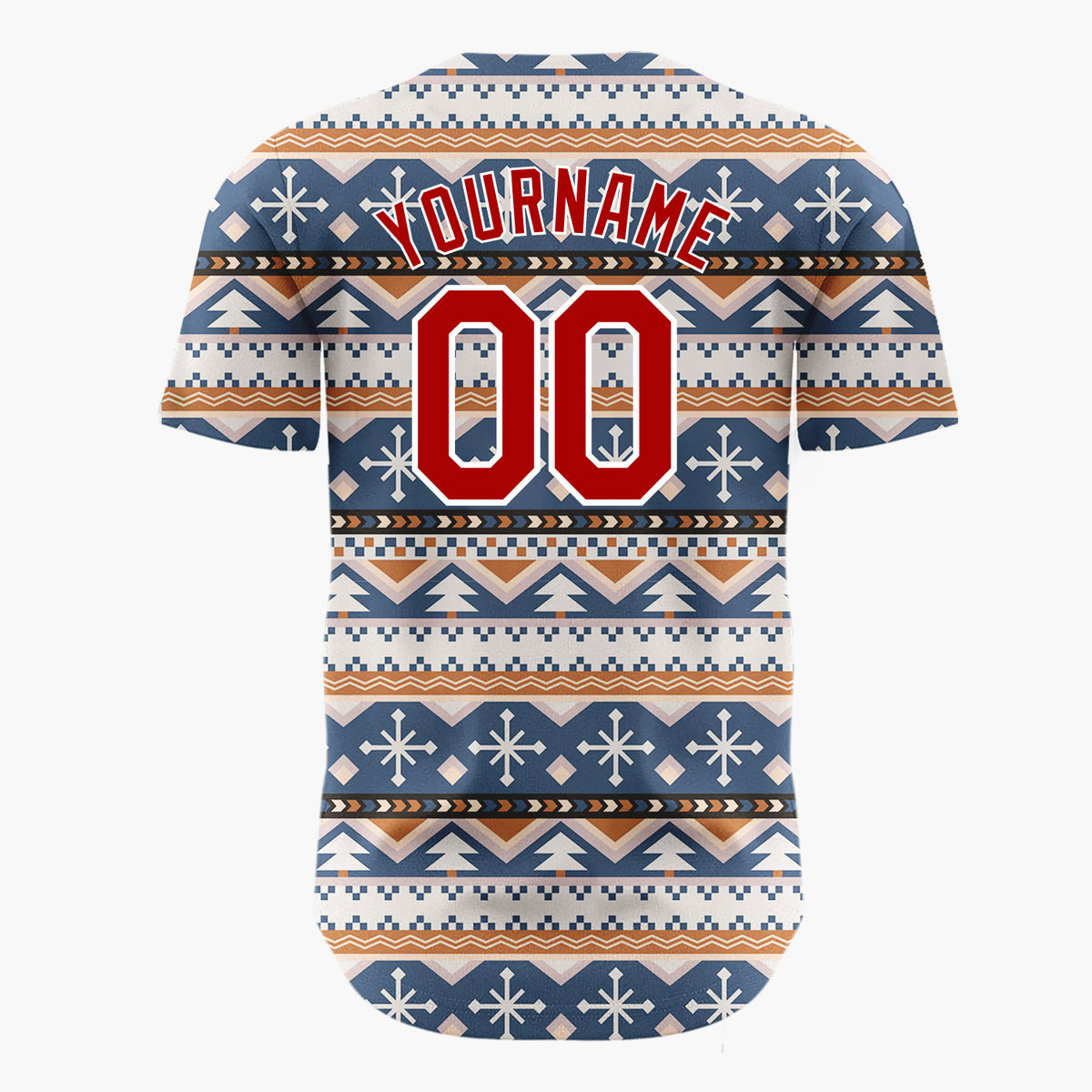 Custom Navy Beige Trees And Snowflakes Tribal Winter Geometric Pattern Christmas Baseball Jersey