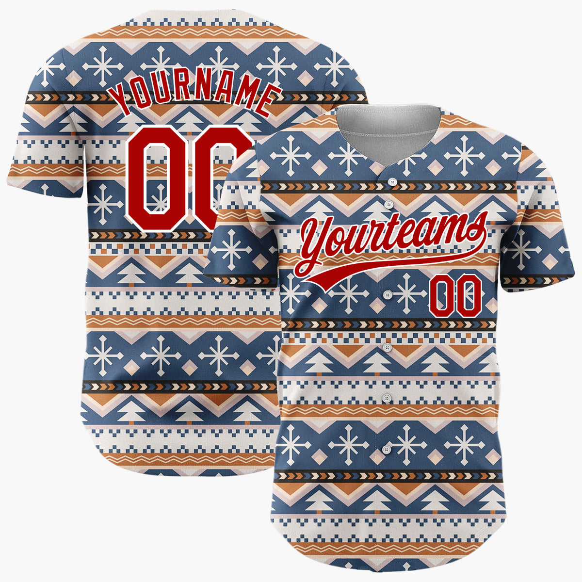 Custom Navy Beige Trees And Snowflakes Tribal Winter Geometric Pattern Christmas Baseball Jersey