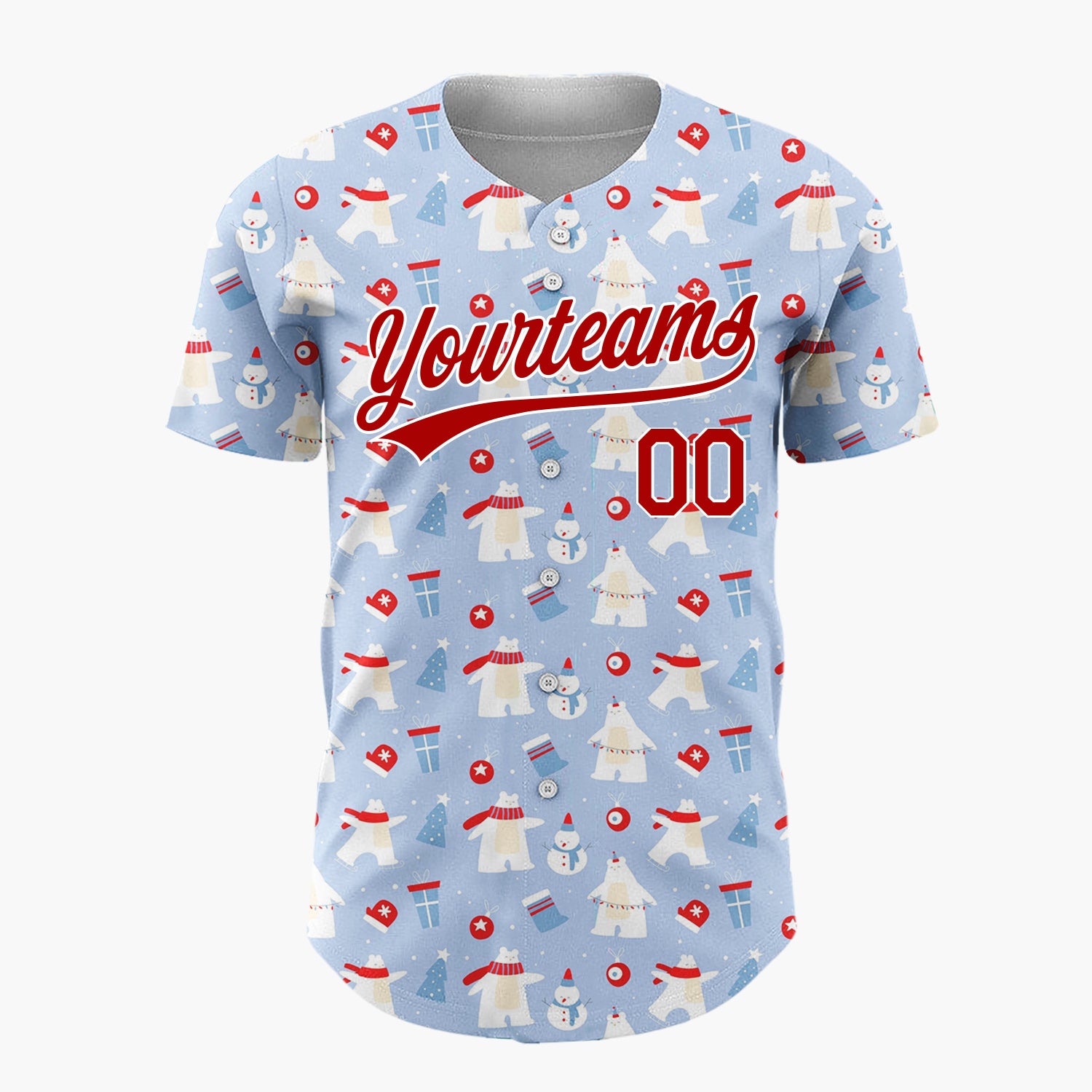 Custom Light Blue White Polar Bear Snowman Christmas Baseball Jersey