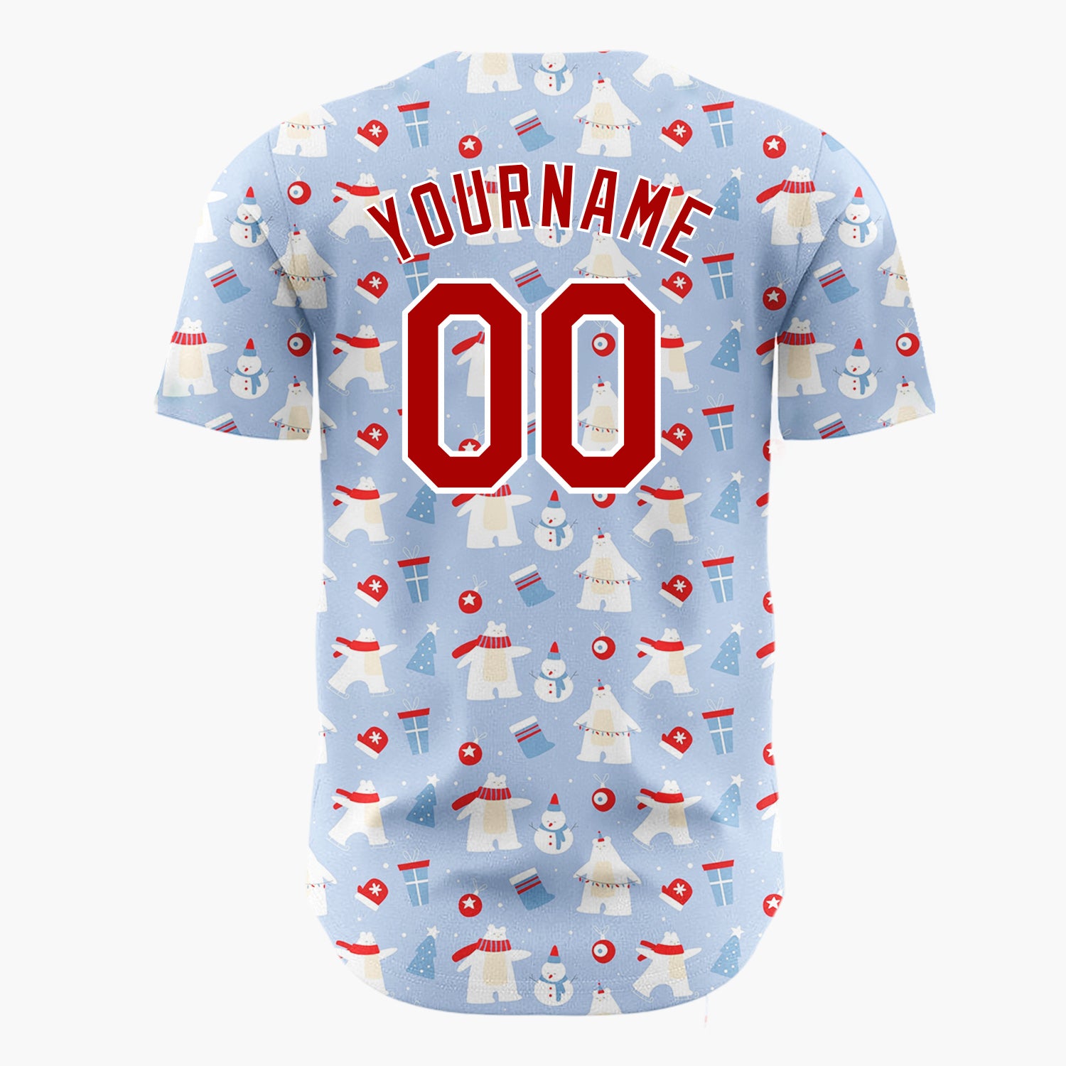 Custom Light Blue White Polar Bear Snowman Christmas Baseball Jersey