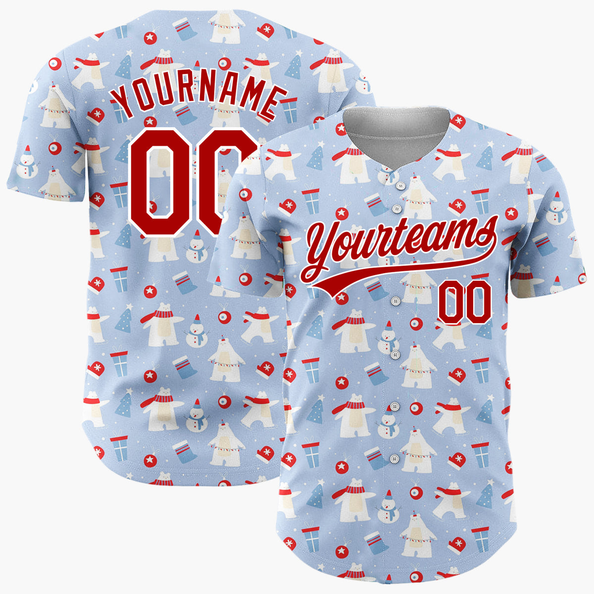 Custom Light Blue White Polar Bear Snowman Christmas Baseball Jersey