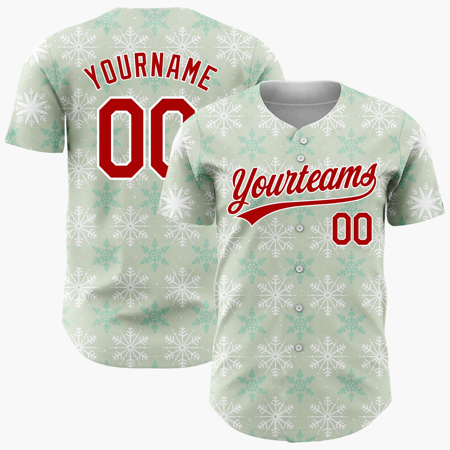 Custom Light Green White Simple Snowflake Geometric Pattern Christmas Baseball Jersey