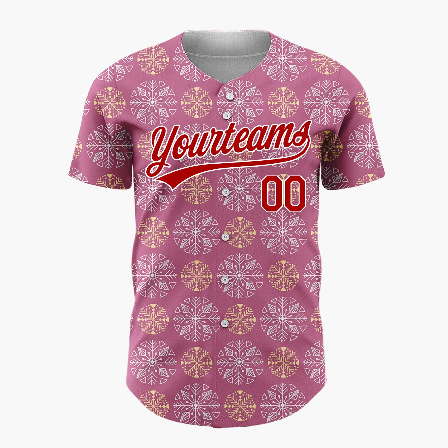 Custom Mauve White And Gold Snowflake Geometric Pattern Christmas Baseball Jersey
