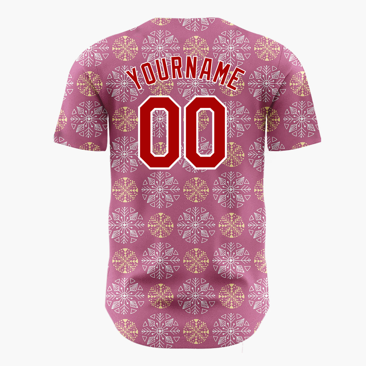 Custom Mauve White And Gold Snowflake Geometric Pattern Christmas Baseball Jersey