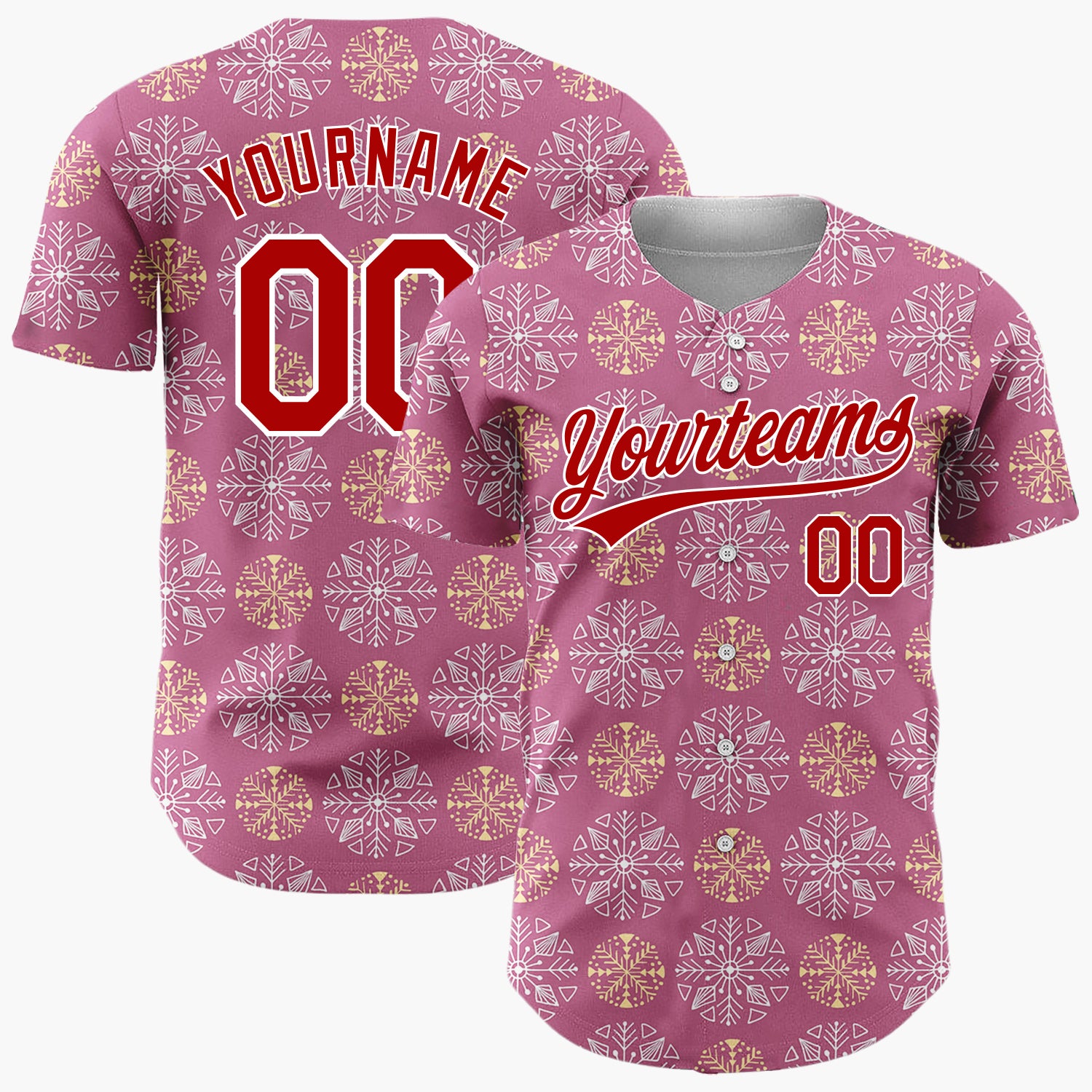 Custom Mauve White And Gold Snowflake Geometric Pattern Christmas Baseball Jersey