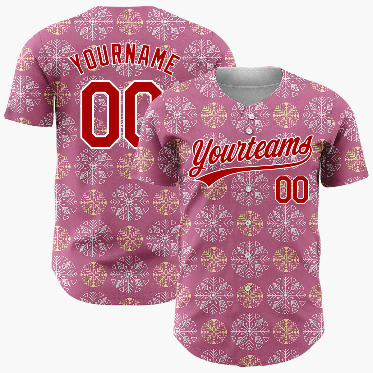 Custom Mauve White And Gold Snowflake Geometric Pattern Christmas Baseball Jersey