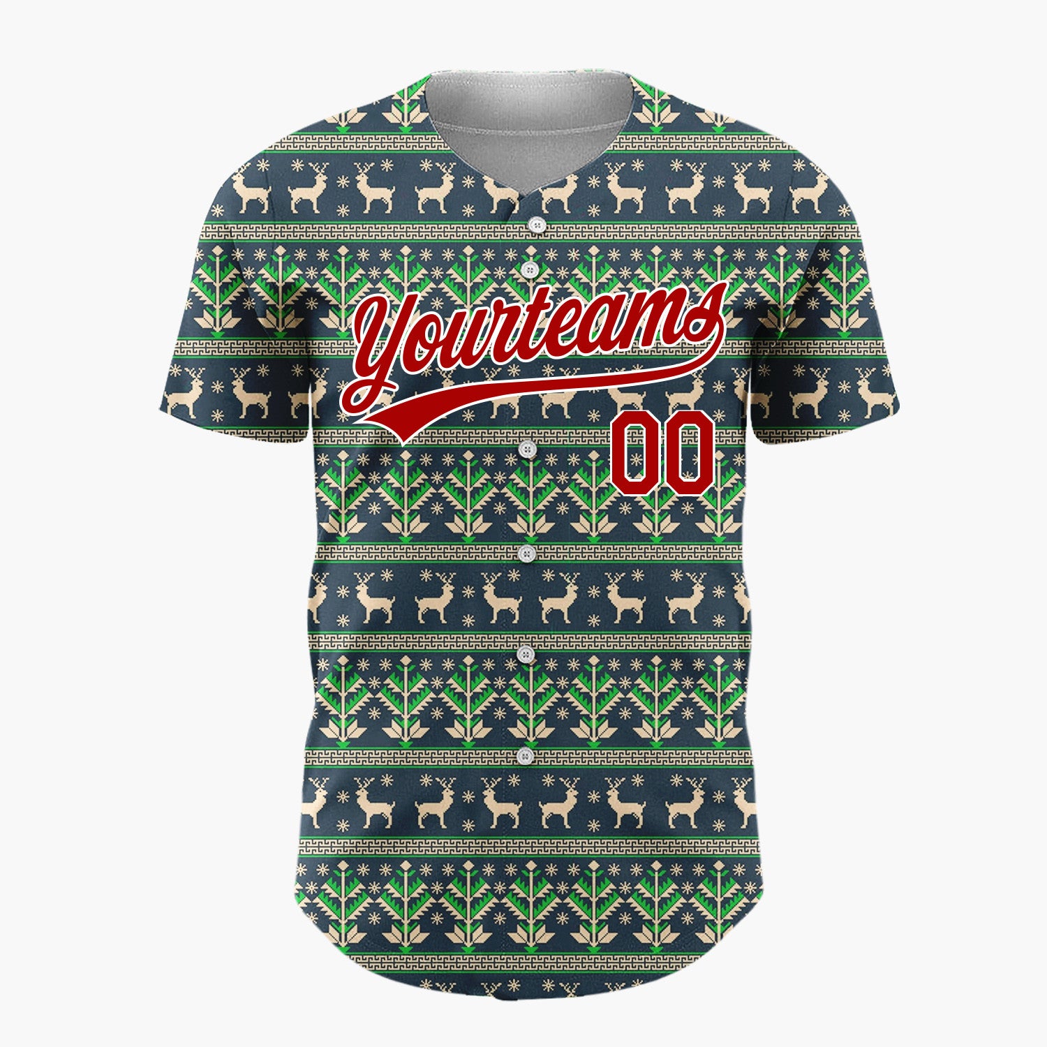 Custom Navy Green Deer And Geometrics Christmas Knit Pattern Christmas Baseball Jersey