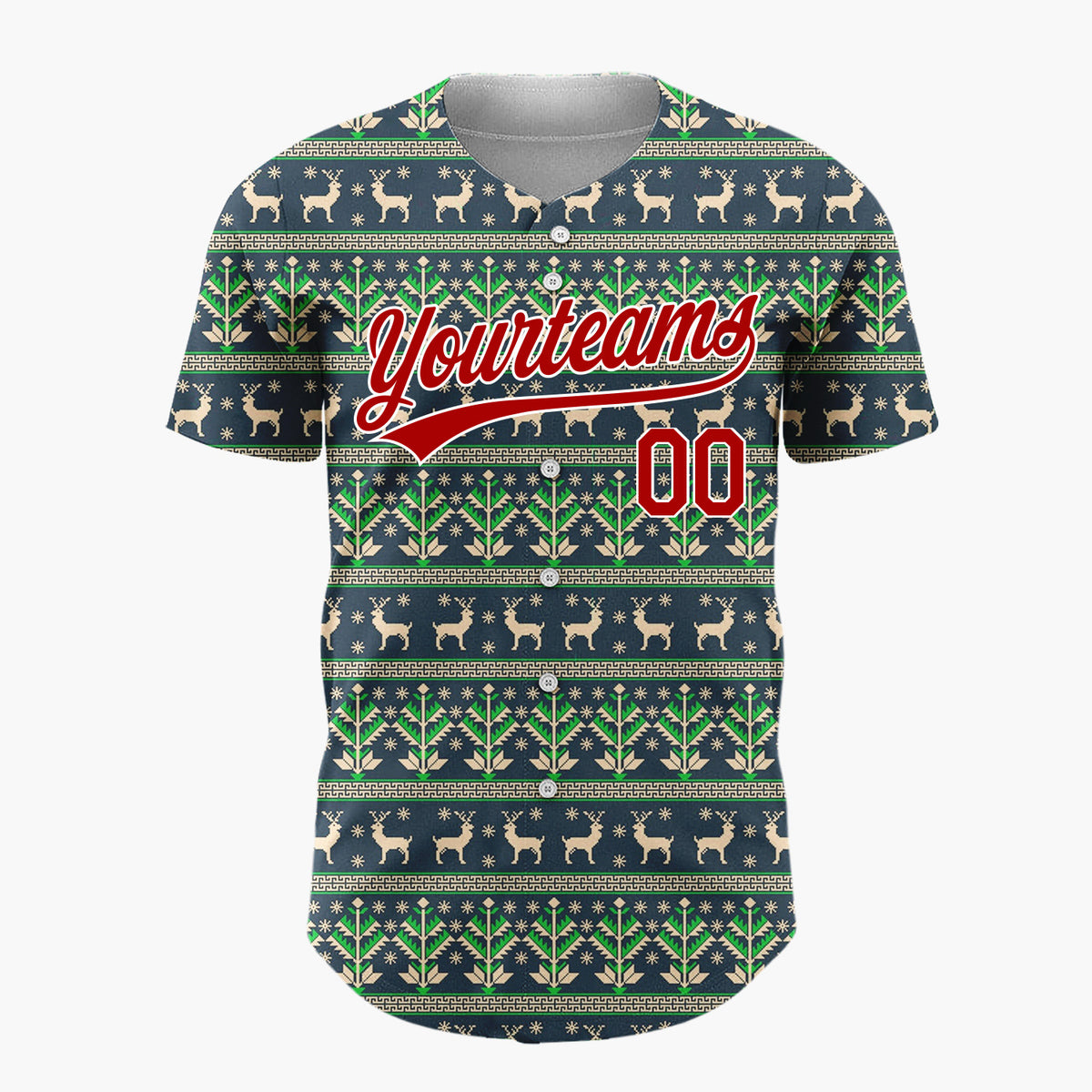 Custom Navy Green Deer And Geometrics Christmas Knit Pattern Christmas Baseball Jersey