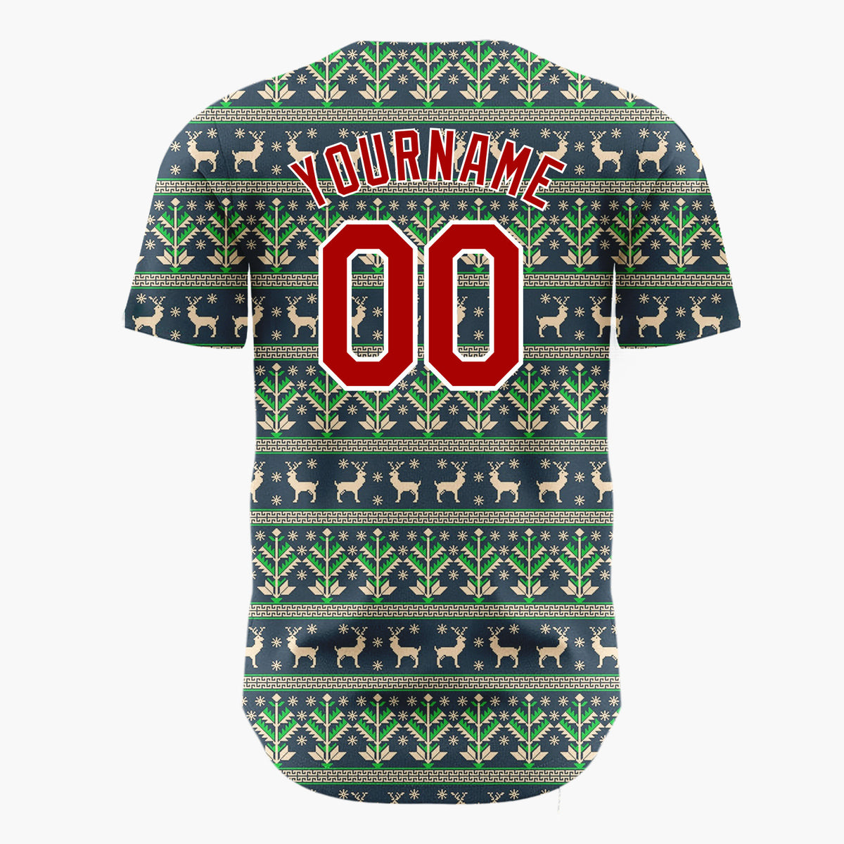 Custom Navy Green Deer And Geometrics Christmas Knit Pattern Christmas Baseball Jersey