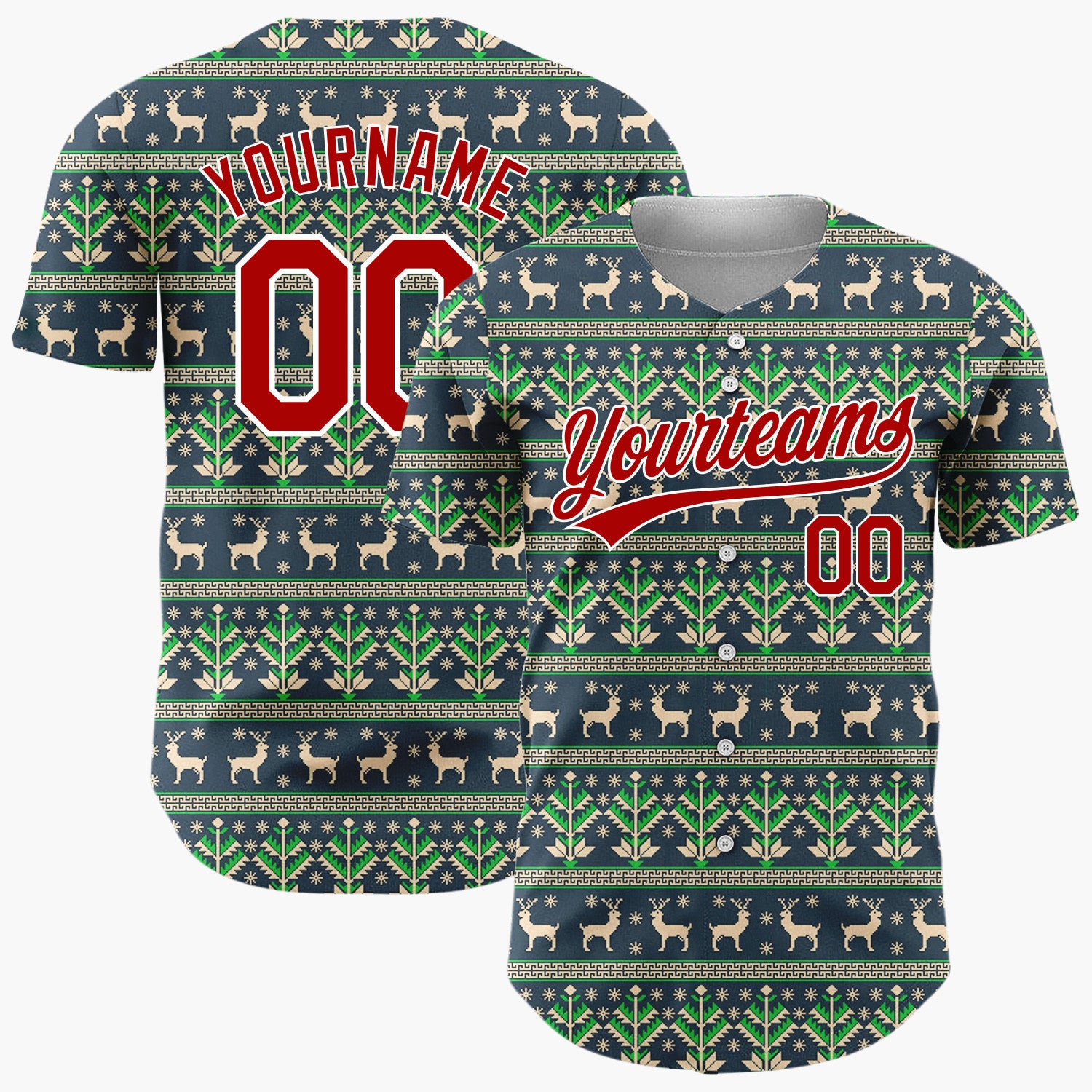 Custom Navy Green Deer And Geometrics Christmas Knit Pattern Christmas Baseball Jersey