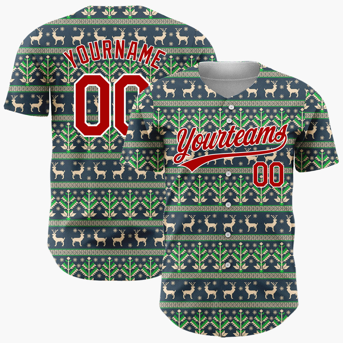 Custom Navy Green Deer And Geometrics Christmas Knit Pattern Christmas Baseball Jersey