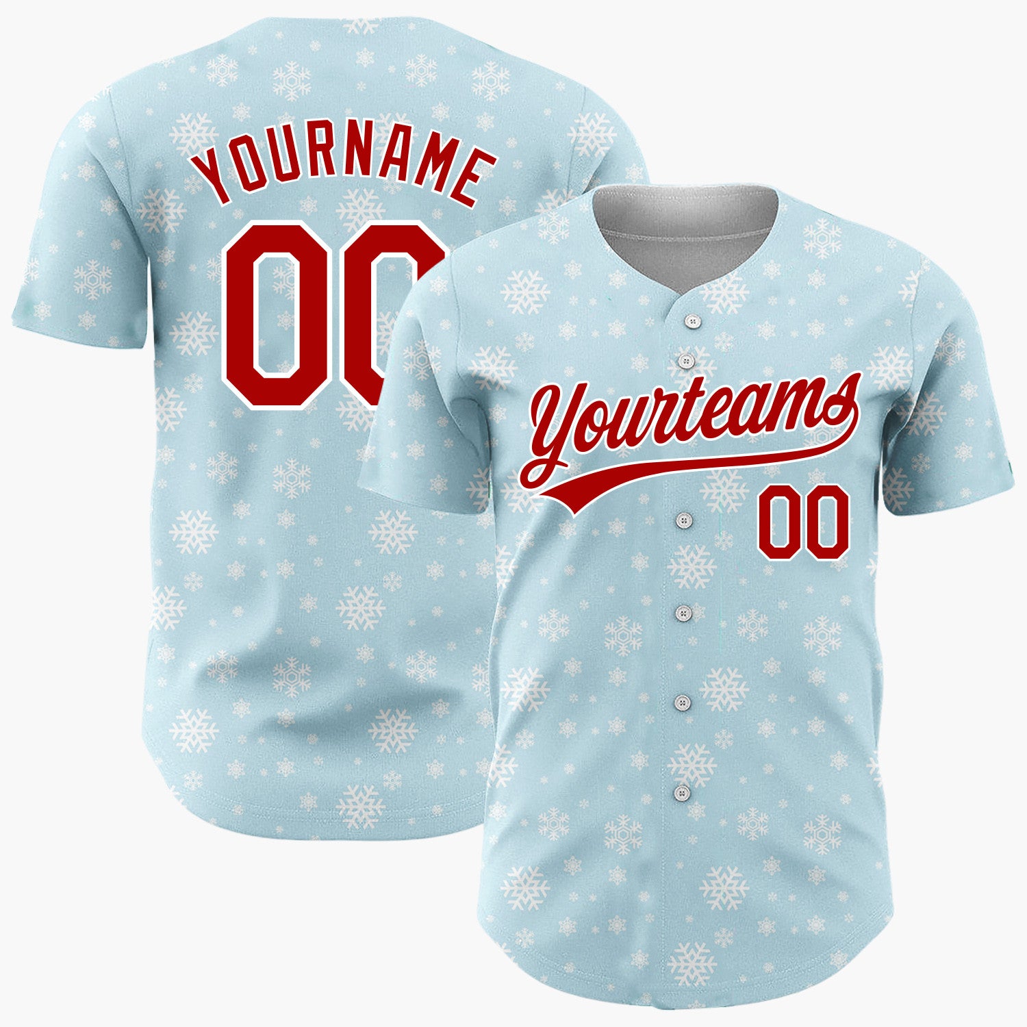 Custom Light Blue White Snowflakes Minimalist Winter Pattern Christmas Baseball Jersey