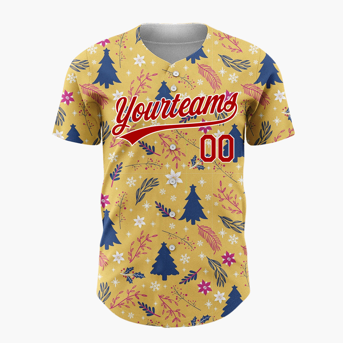 Custom Mustard Yellow Blue Red Festive Floral And Tree Christmas Baseball Jersey