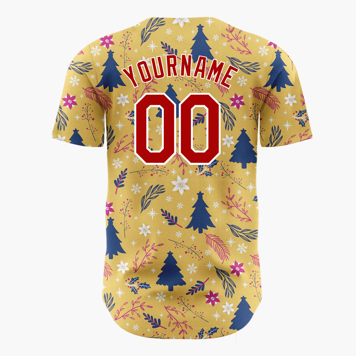 Custom Mustard Yellow Blue Red Festive Floral And Tree Christmas Baseball Jersey