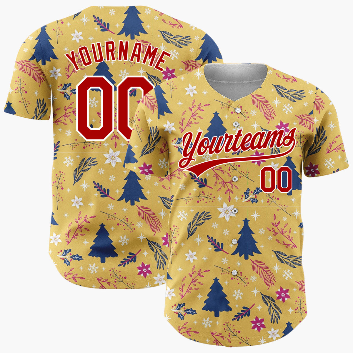 Custom Mustard Yellow Blue Red Festive Floral And Tree Christmas Baseball Jersey