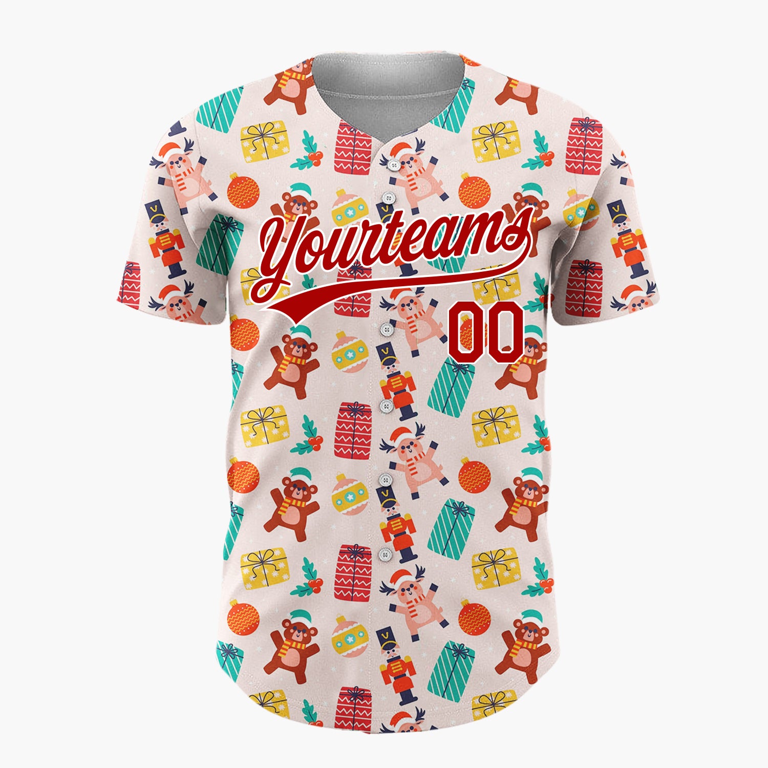 Custom Light Pink Red Nutcrackers Reindeer And Bears Whimsical Toy Pattern Christmas Baseball Jersey