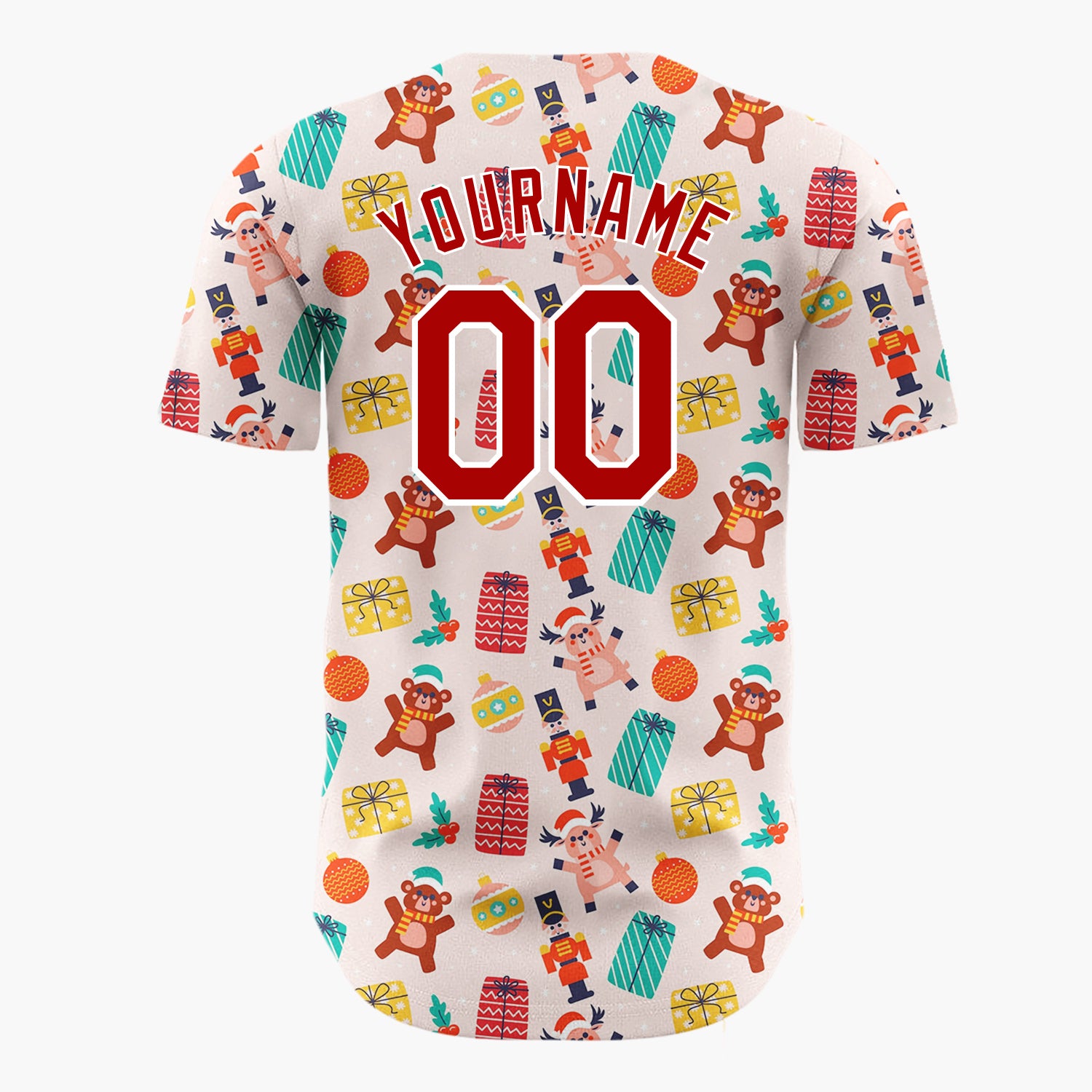 Custom Light Pink Red Nutcrackers Reindeer And Bears Whimsical Toy Pattern Christmas Baseball Jersey
