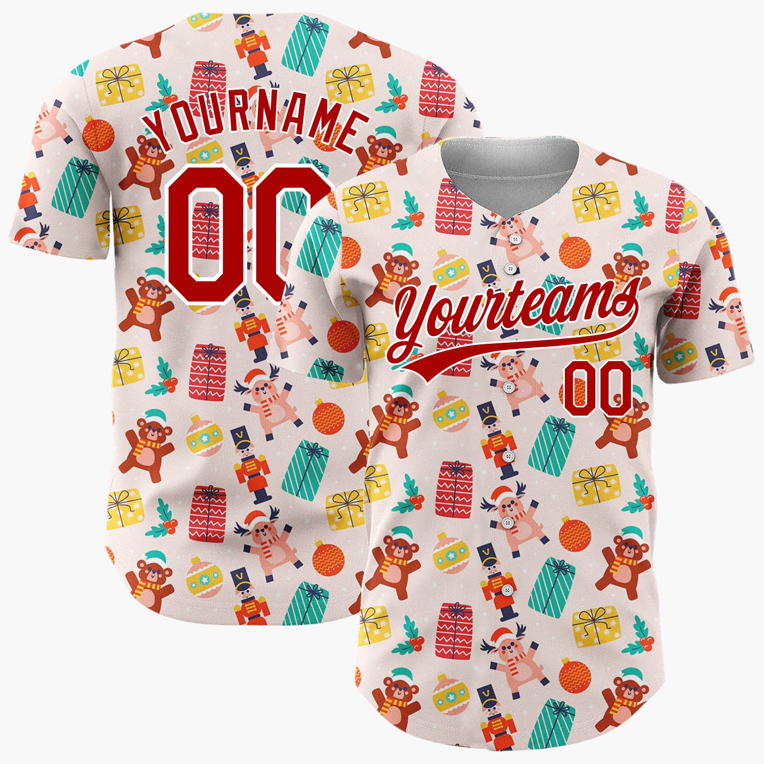 Custom Light Pink Red Nutcrackers Reindeer And Bears Whimsical Toy Pattern Christmas Baseball Jersey
