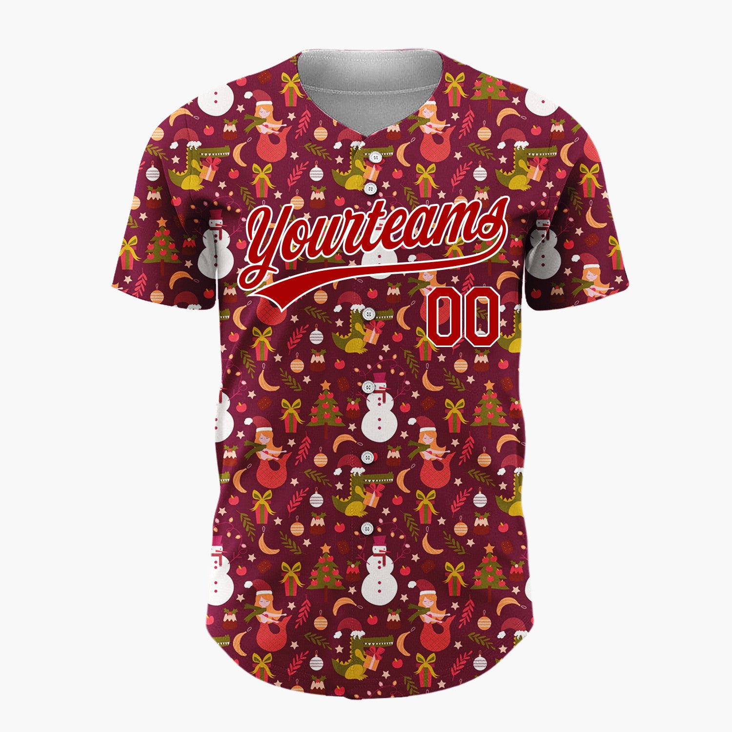 Custom Maroon Red Dinosaur Mermaid Fantasy Christmas Baseball Jersey