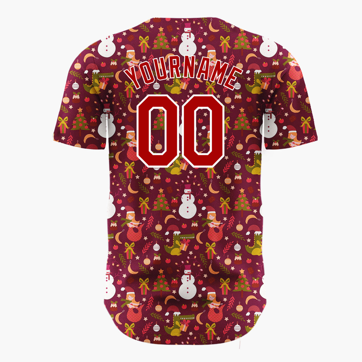 Custom Maroon Red Dinosaur Mermaid Fantasy Christmas Baseball Jersey