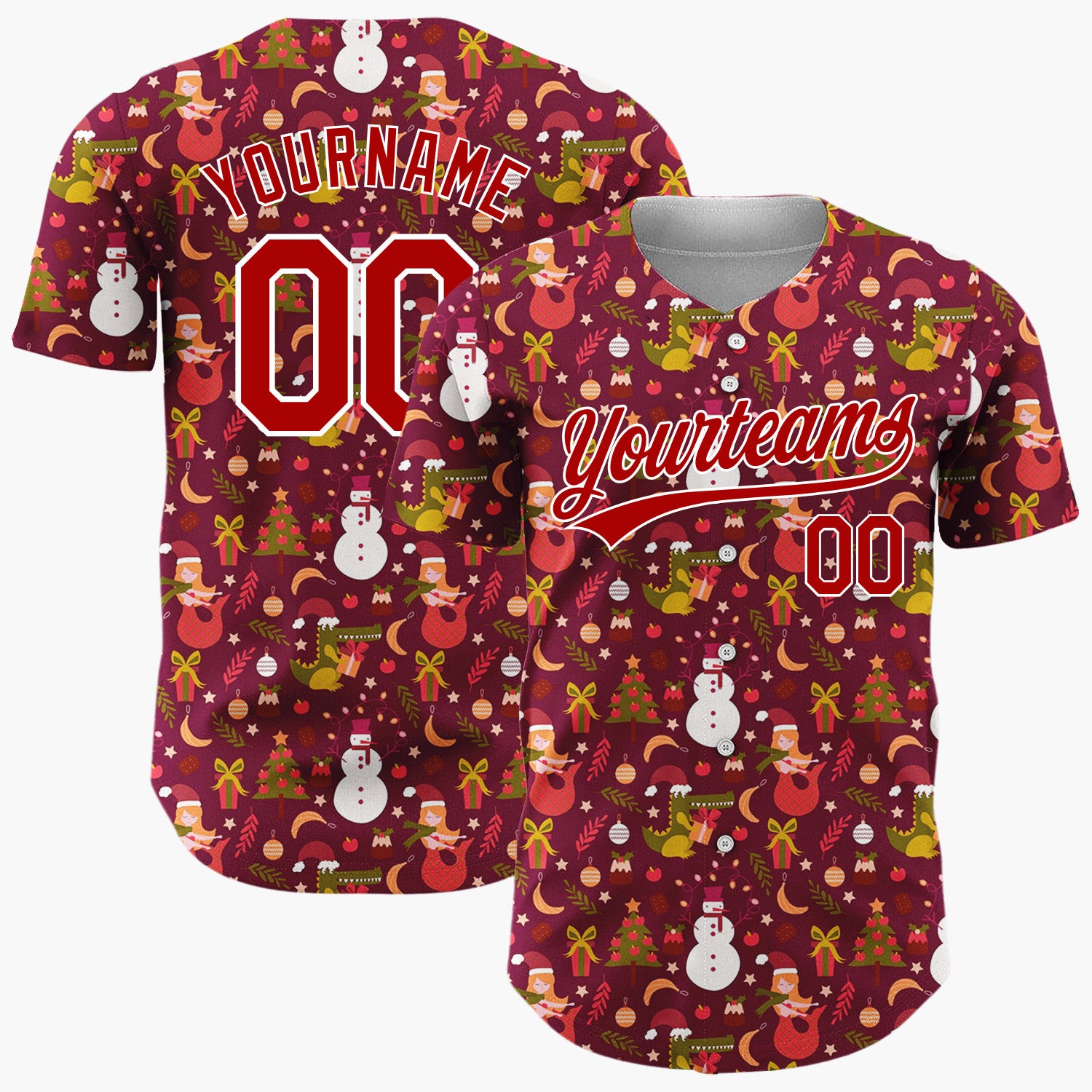 Custom Maroon Red Dinosaur Mermaid Fantasy Christmas Baseball Jersey