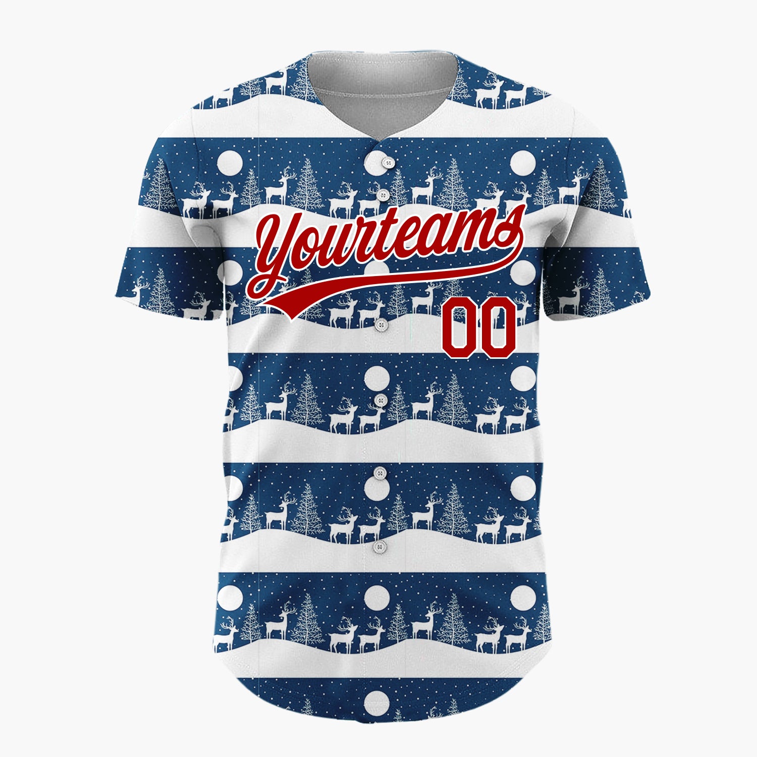 Custom Navy Deer Tree Silhouette Border Pattern Christmas Baseball Jersey