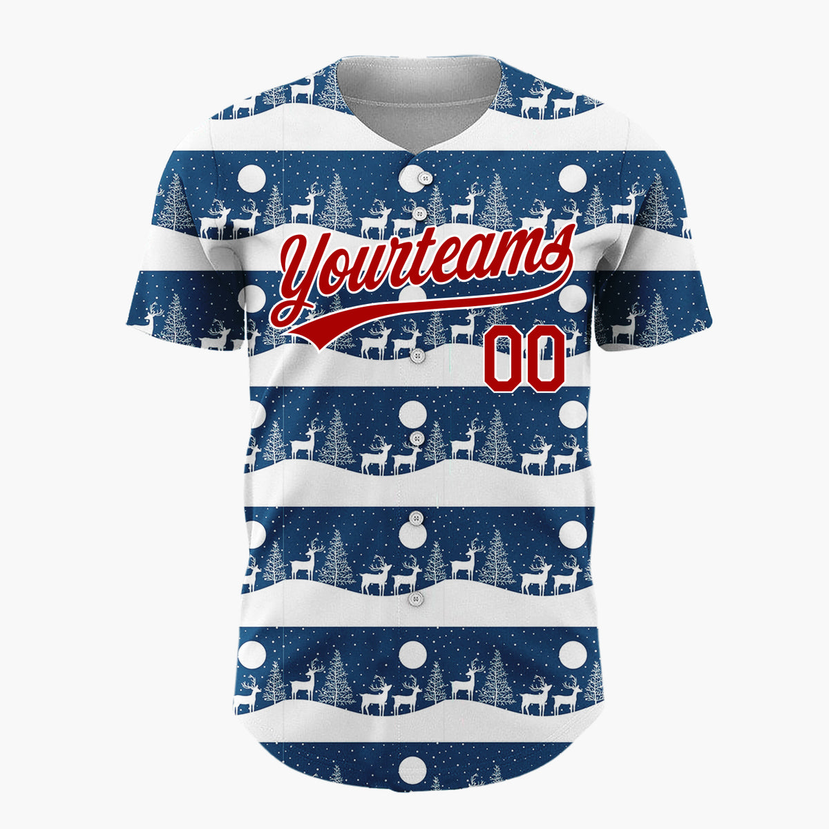 Custom Navy Deer Tree Silhouette Border Pattern Christmas Baseball Jersey
