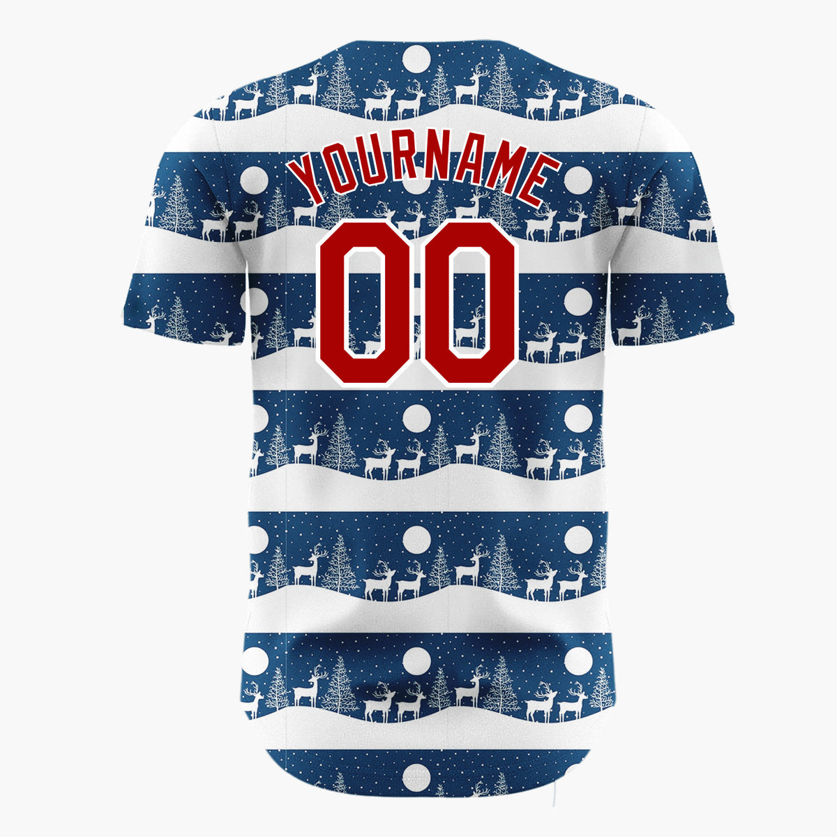 Custom Navy Deer Tree Silhouette Border Pattern Christmas Baseball Jersey