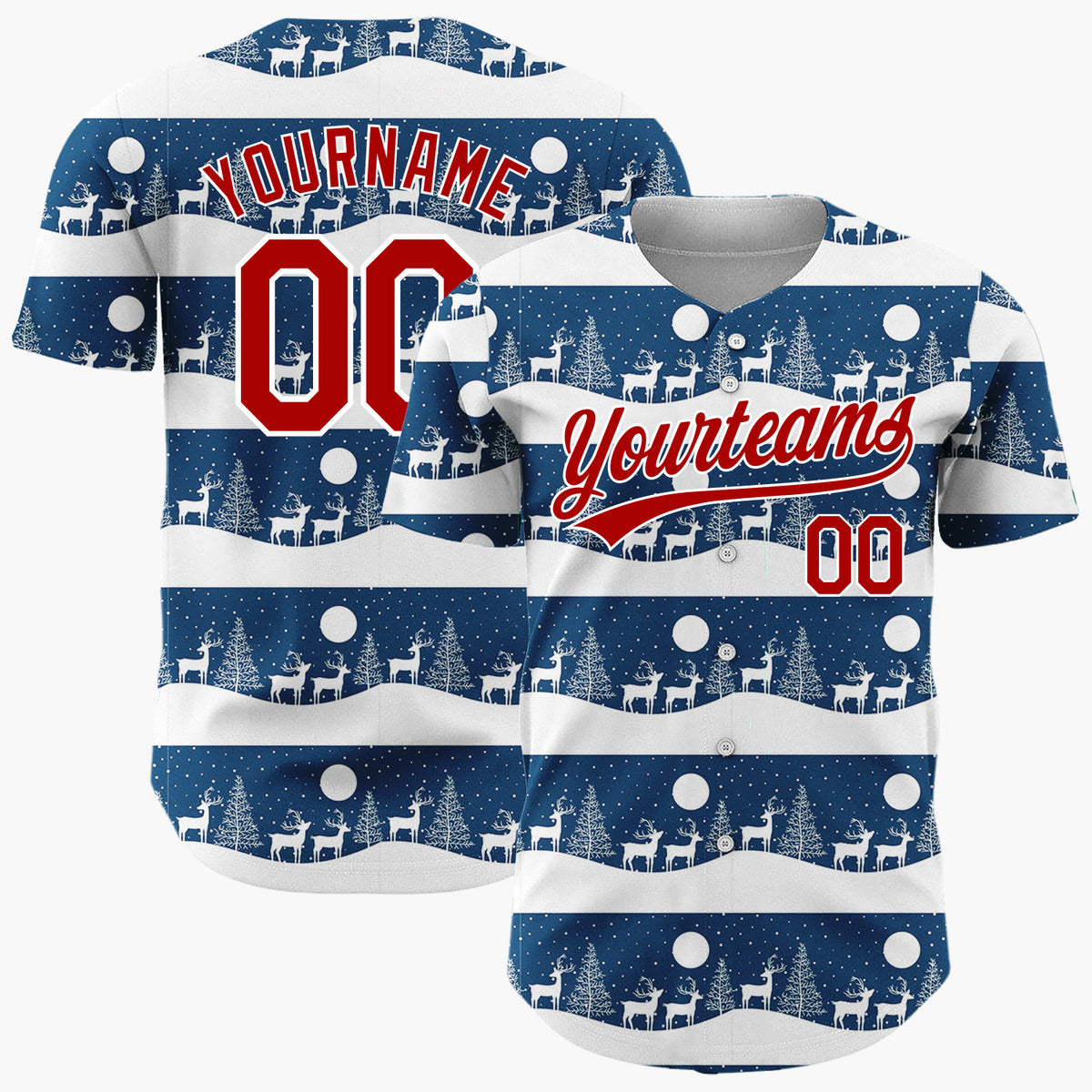 Custom Navy Deer Tree Silhouette Border Pattern Christmas Baseball Jersey