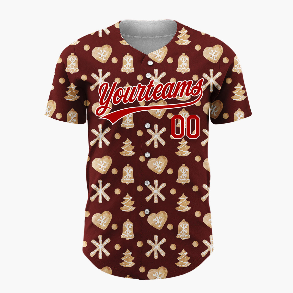 Custom Maroon Gingerbread Cookie Watercolor Pattern Christmas Baseball Jersey