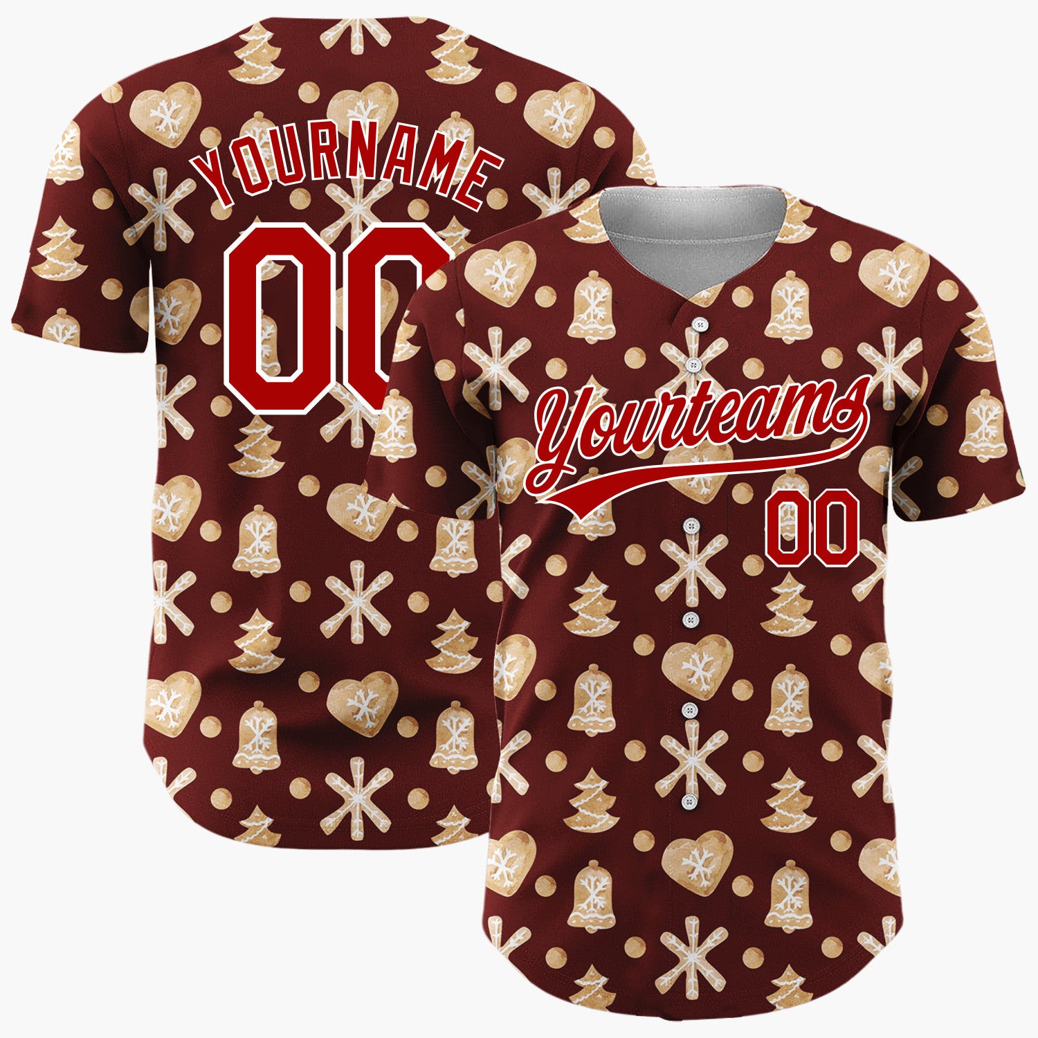 Custom Maroon Gingerbread Cookie Watercolor Pattern Christmas Baseball Jersey