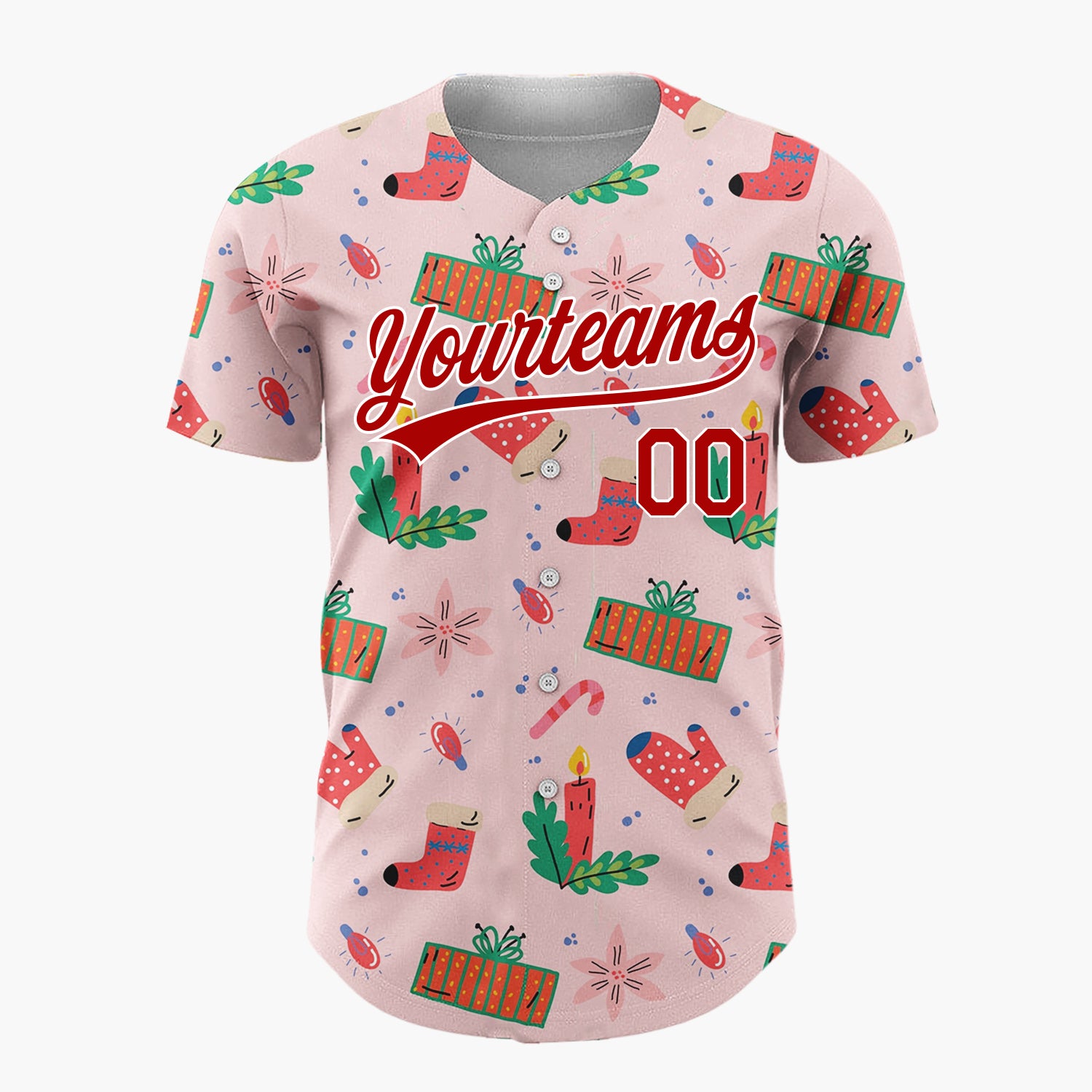 Custom Pink Red Mittens Candles And Gifts Playful Christmas Baseball Jersey