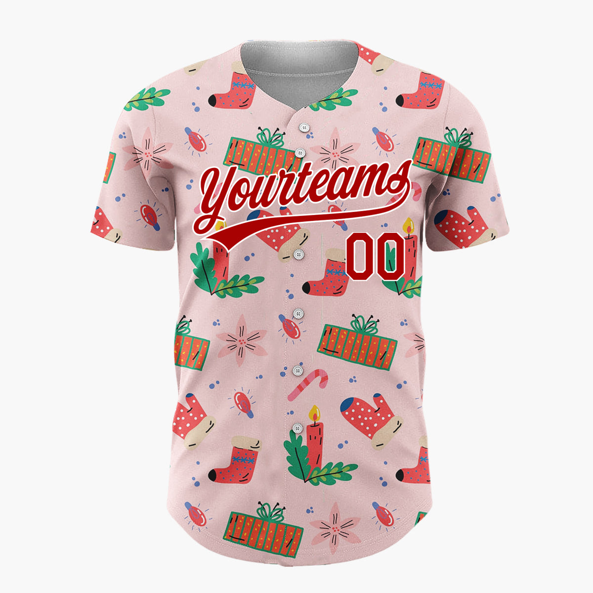 Custom Pink Red Mittens Candles And Gifts Playful Christmas Baseball Jersey